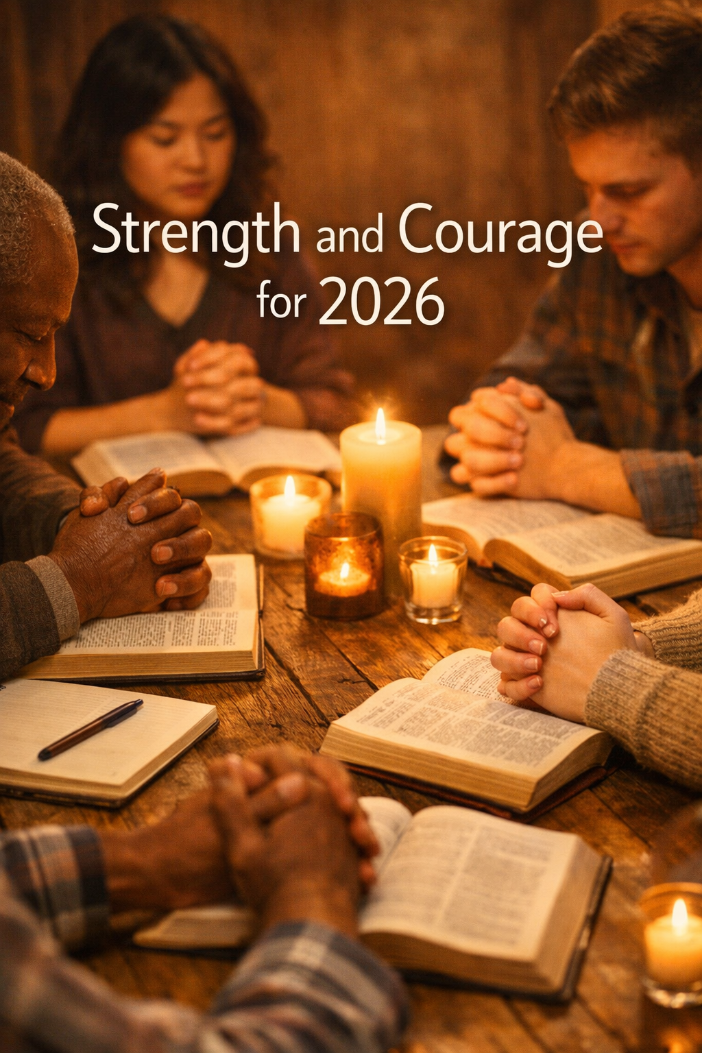 Portrait Pinterest format (1024x1536) warm editorial photograph of diverse group of people gathered around a rustic wooden table with open B