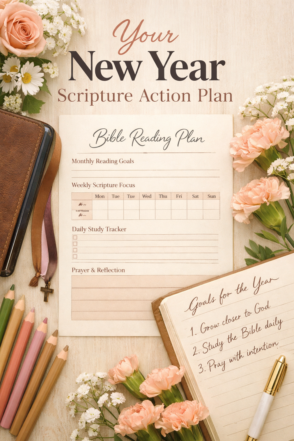 Portrait Pinterest format (1024x1536) inspiring flat-lay photograph of a beautifully designed Bible reading plan printable on cream paper su