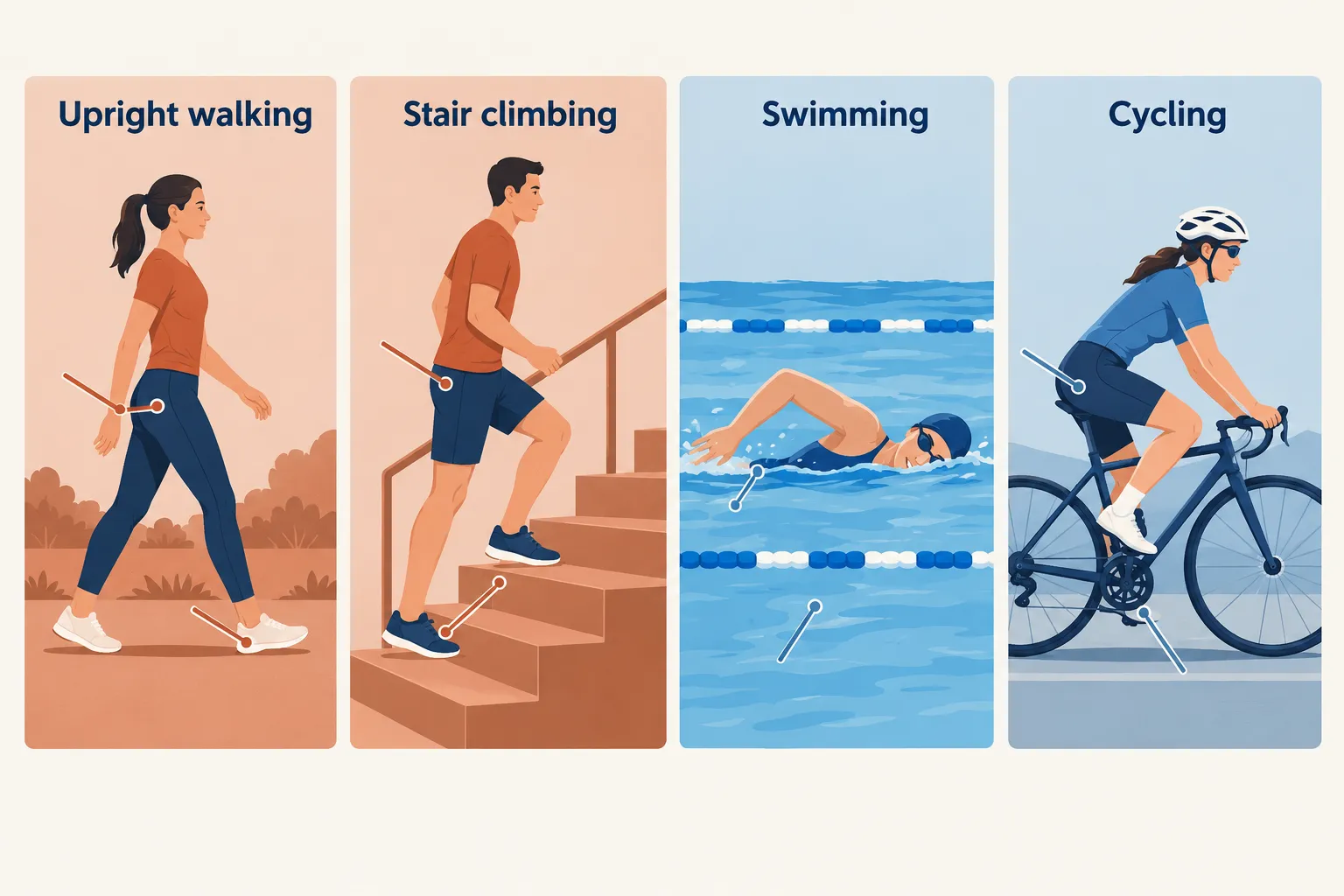 Illustrated comparison of upright walking, stair climbing, swimming and cycling. The image is a general overview rather than a measure of exercise dose or individual suitability.
