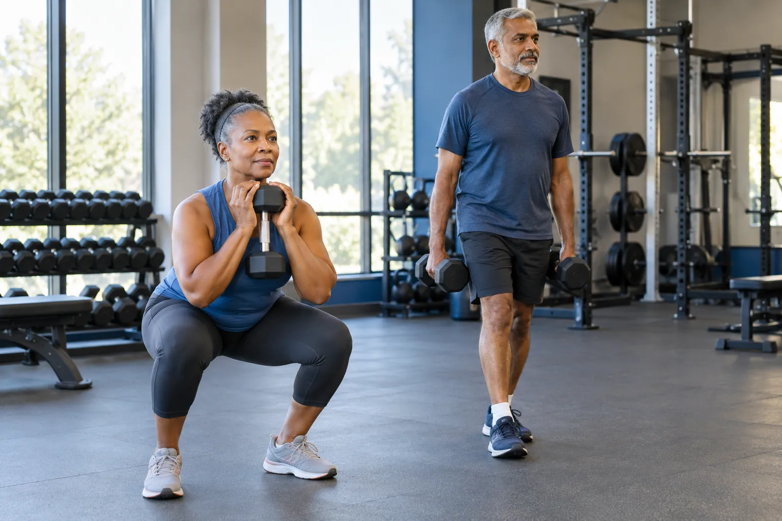 Two adults performing resistance exercises in a gym. The image illustrates one setting for strength work, not a universal exercise prescription.