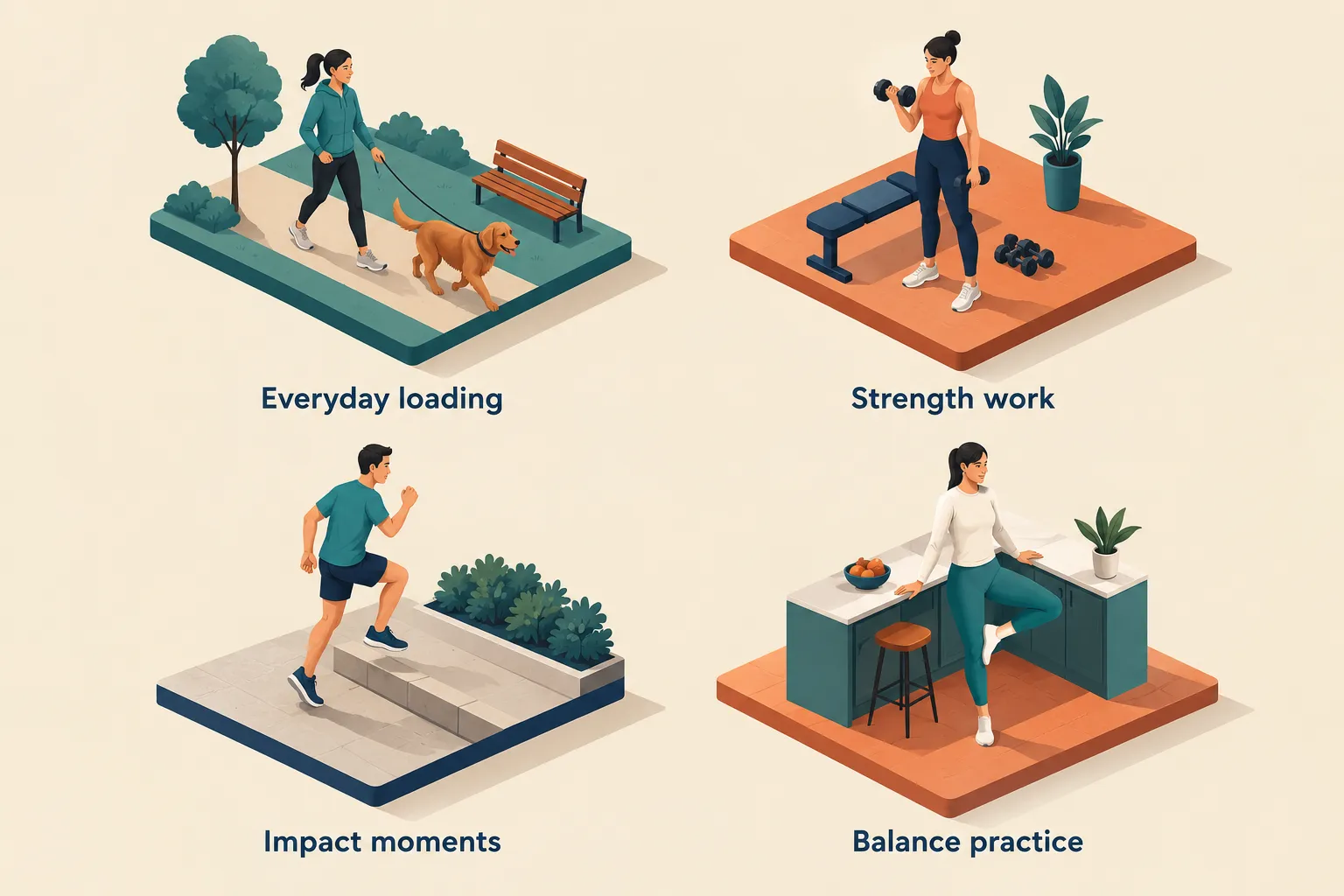 Four illustrated movement categories: everyday loading, strength work, impact activity and balance practice. They are broad categories, not a fixed programme.