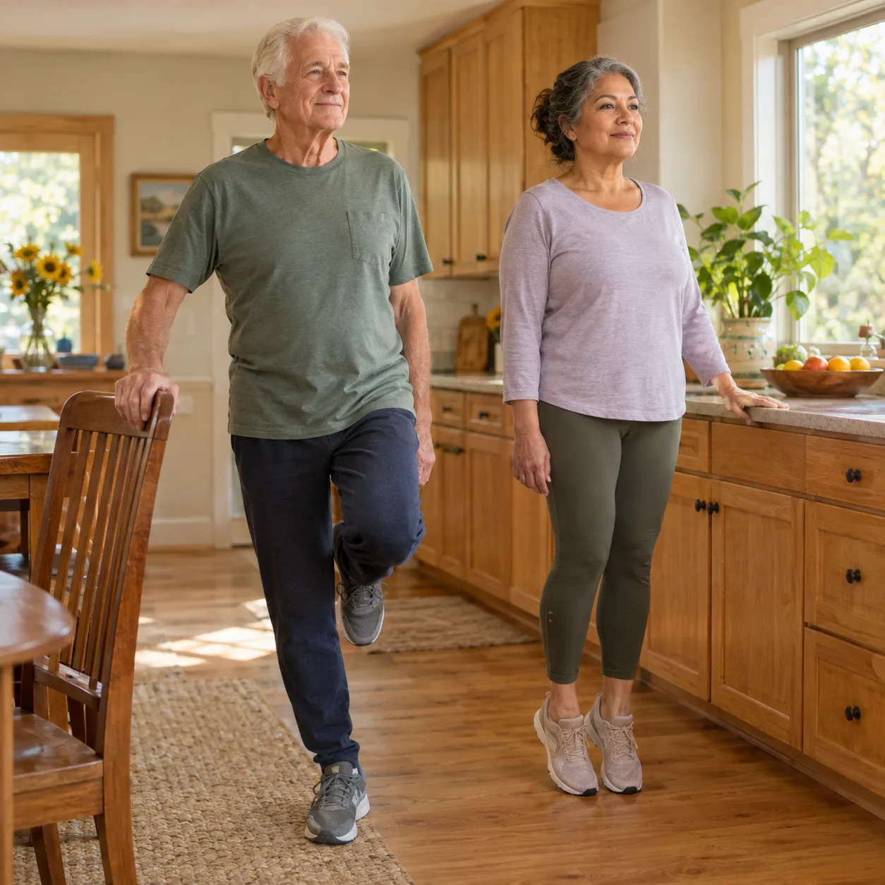 Two older adults practising supported standing movements at home. The scene is illustrative, not a form demonstration; stable support and a clear floor matter for balance practice.