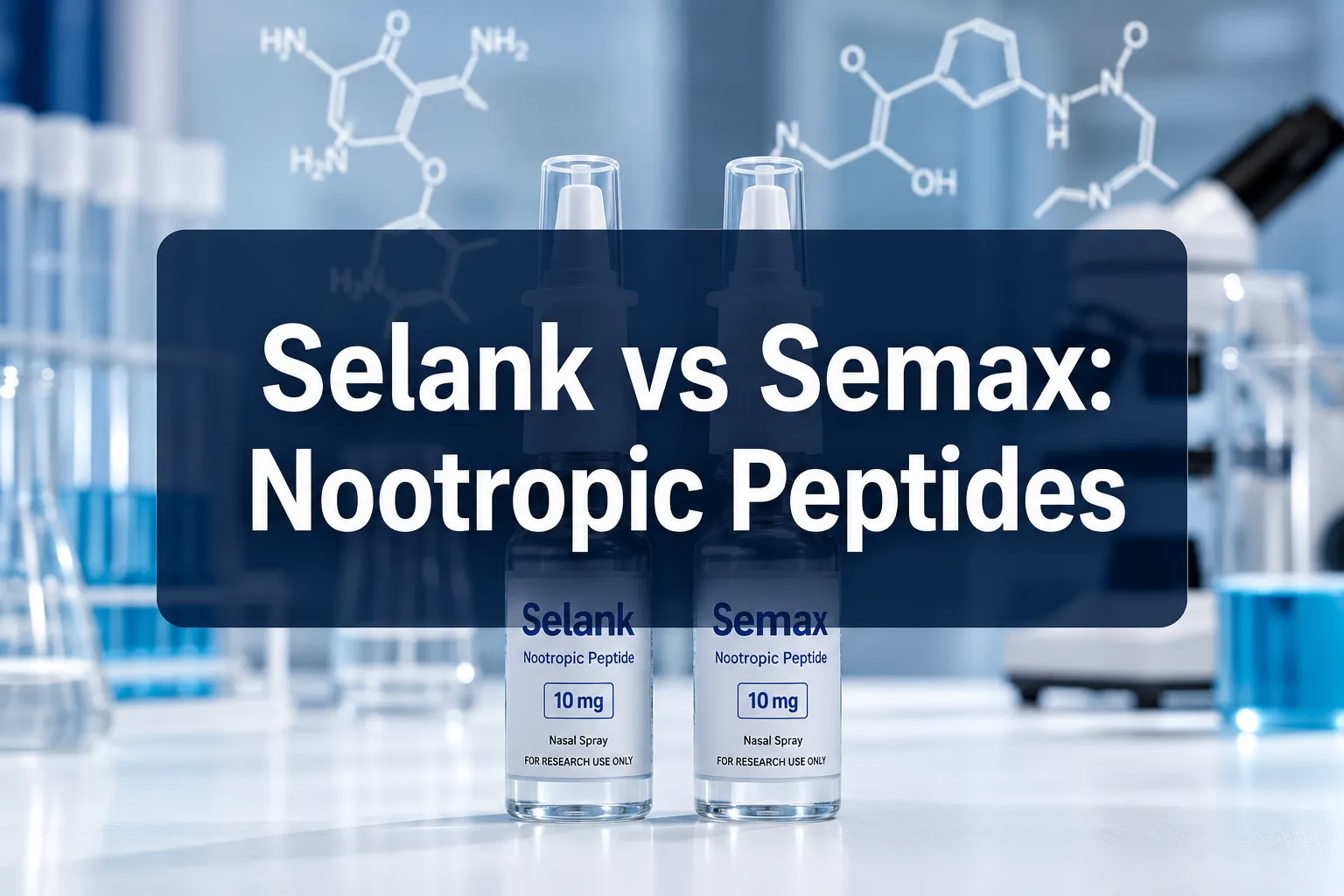 Professional () hero image with (≤42 chars): 'Selank vs Semax: Nootropic Peptides' in crisp white on a deep navy
