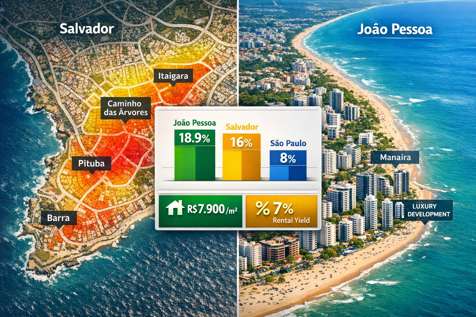 Detailed () image showing professional real estate market analysis dashboard for João Pessoa and Salvador. Split-screen