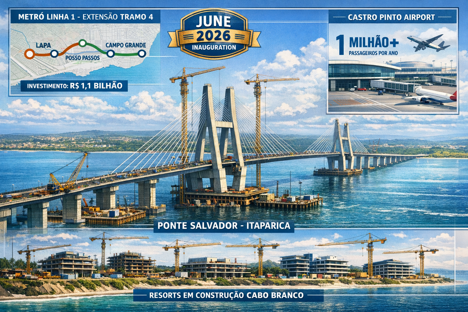 Detailed () image depicting major infrastructure development projects transforming Salvador and João Pessoa. Main focus: