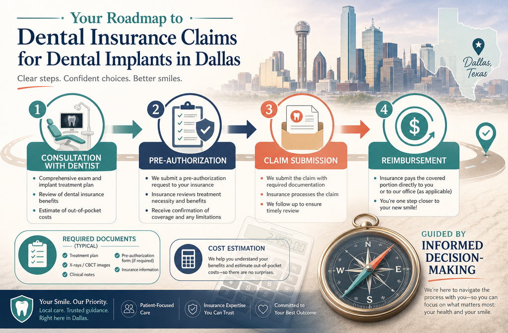 () image illustrating a roadmap or flowchart for navigating dental insurance claims for implants in Dallas. The visual