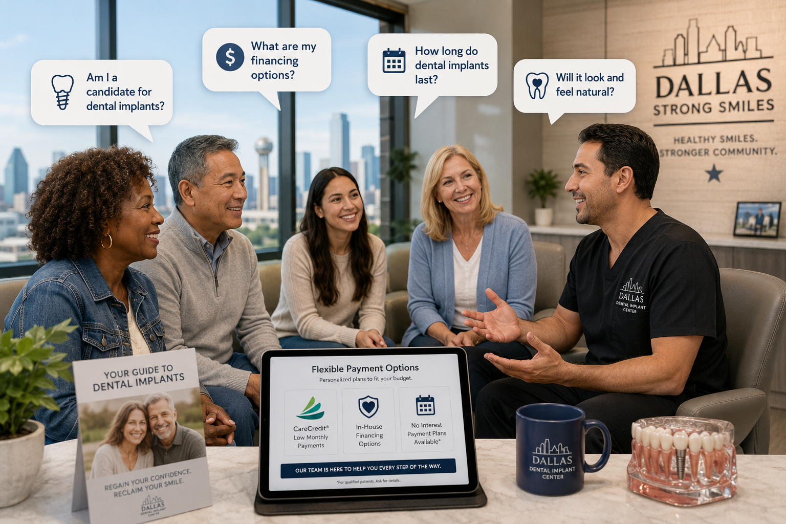 () image depicting a diverse group of smiling Dallas patients receiving consultations from a caring dental professional in a