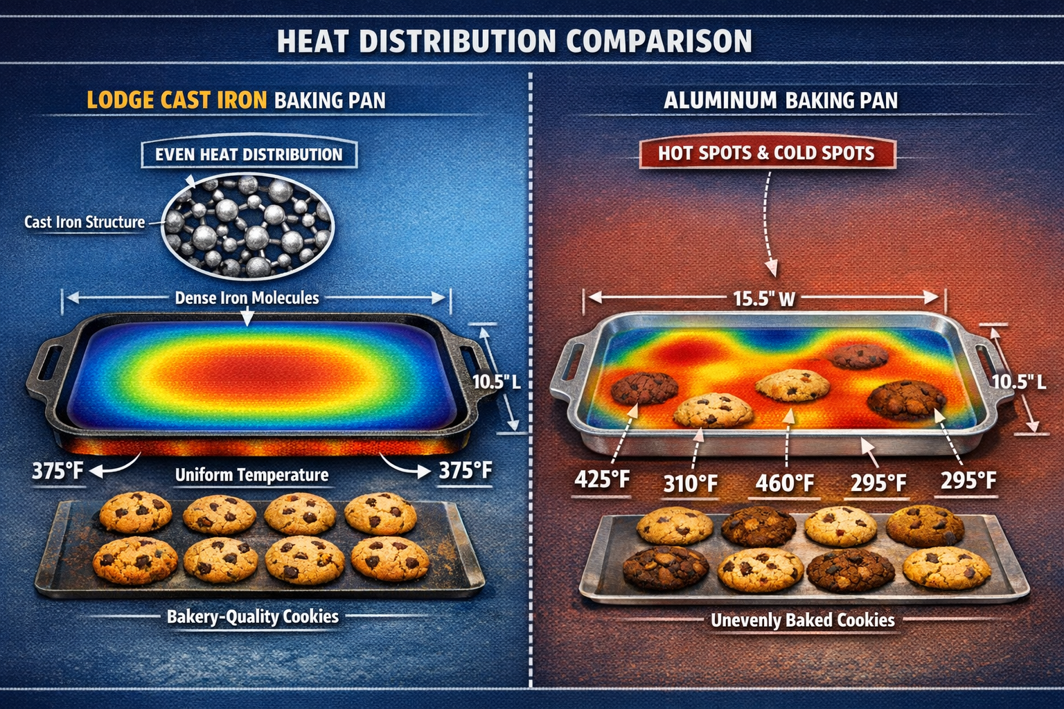 Landscape format (1536x1024) detailed image showing cross-section diagram of Lodge baking pan heat distribution pattern, infrared 