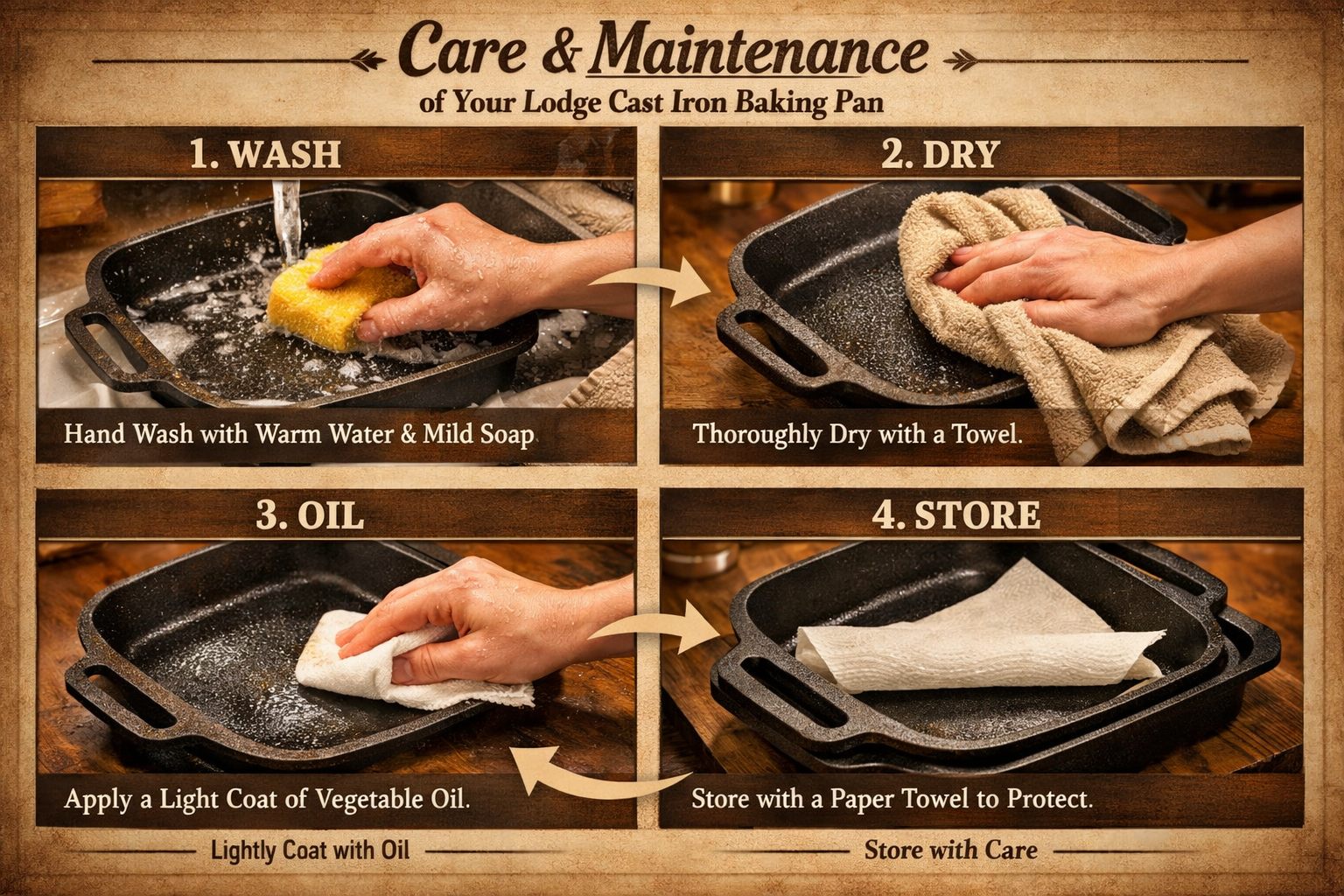 Landscape format (1536x1024) detailed care and maintenance infographic for Lodge cast iron baking pan showing four-panel sequence: panel 1 h