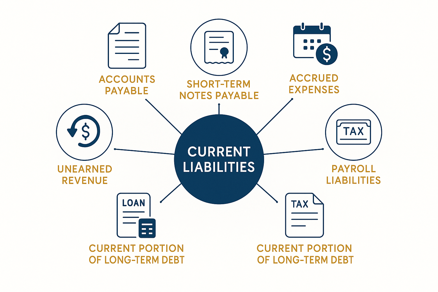 Detailed landscape infographic (1536x1024) showing seven types of current liabilities arranged in circular diagram with central hub labeled 