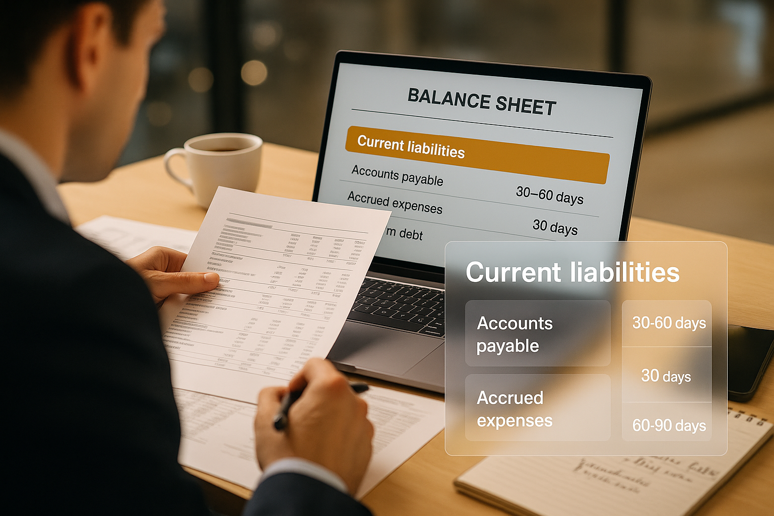 Landscape editorial image (1536x1024) showing business professional analyzing financial statements at modern desk, laptop screen displaying 