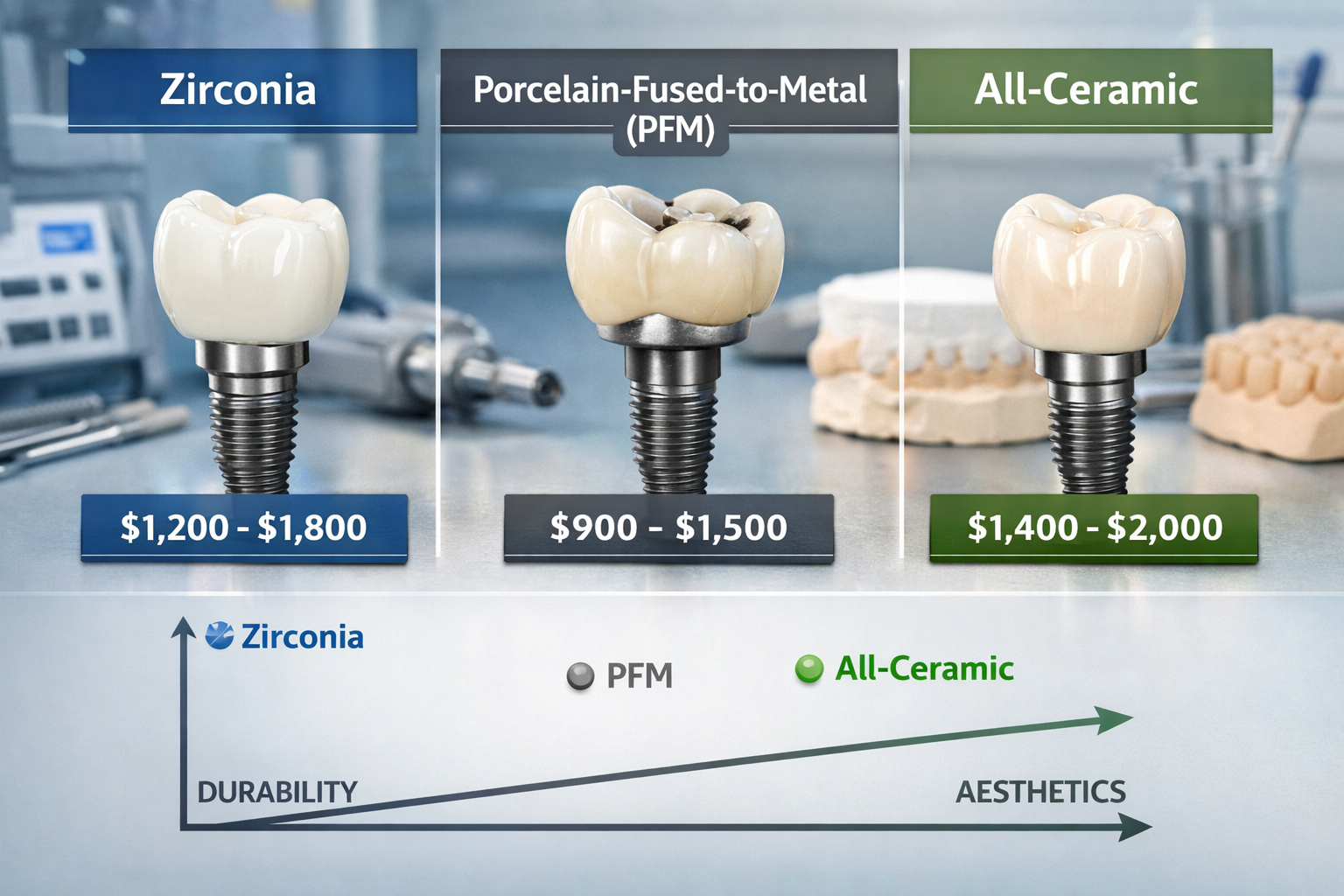Visually distinct () image showing a side-by-side comparison of different dental implant crown materials, such as zirconia,