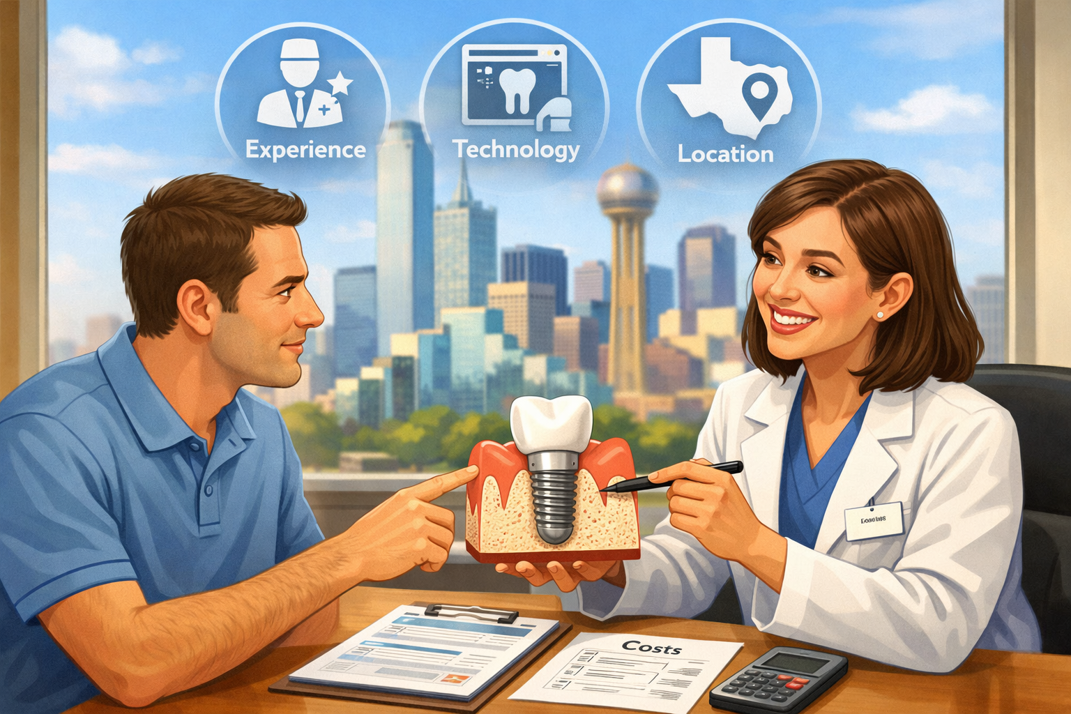 A visually engaging () illustration depicting a patient consulting with a Dallas dentist, pointing to a 3D model of a dental