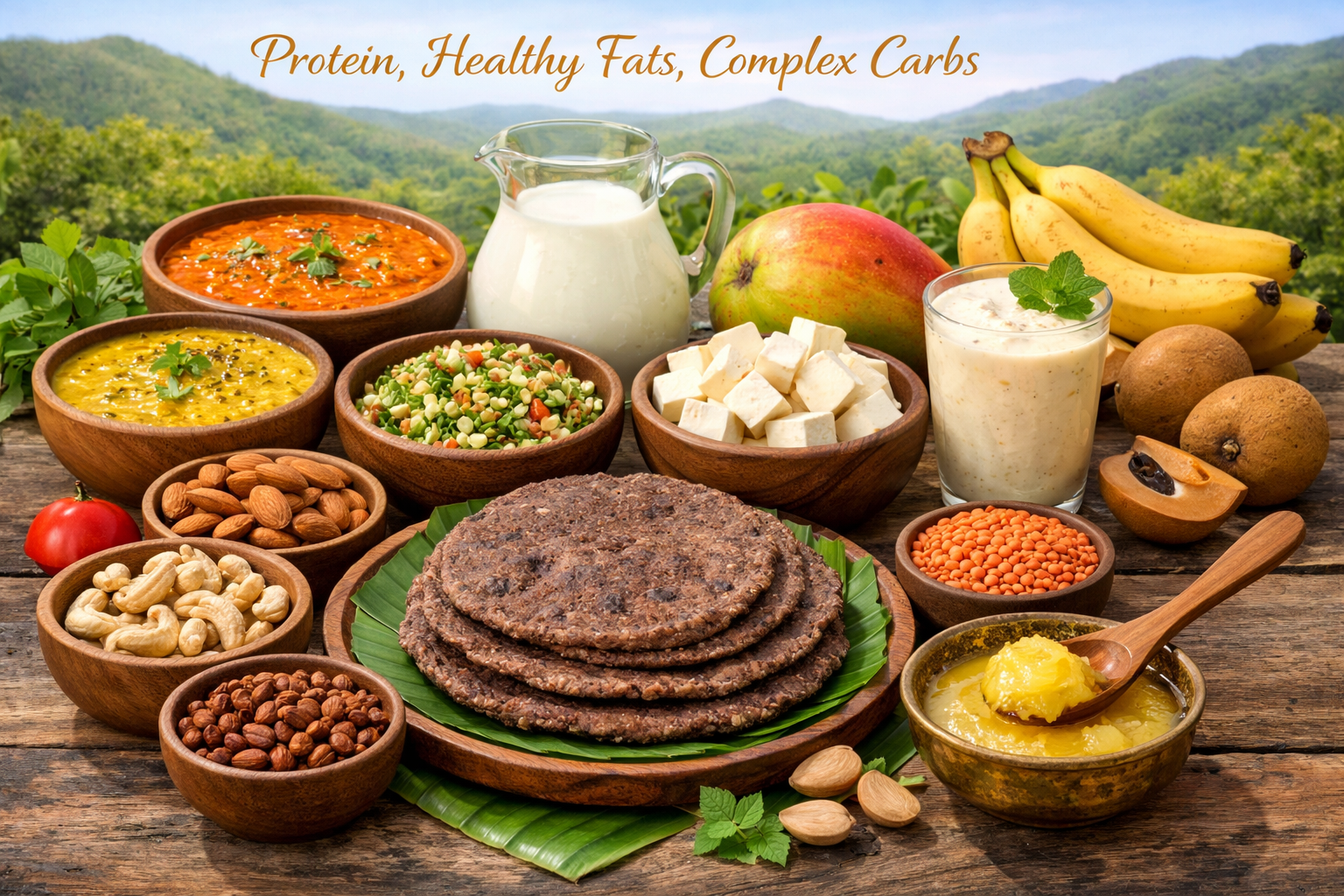 A visually rich landscape image (1536x1024) showcasing a diverse spread of traditional Indian foods that promote healthy weight gain. The im