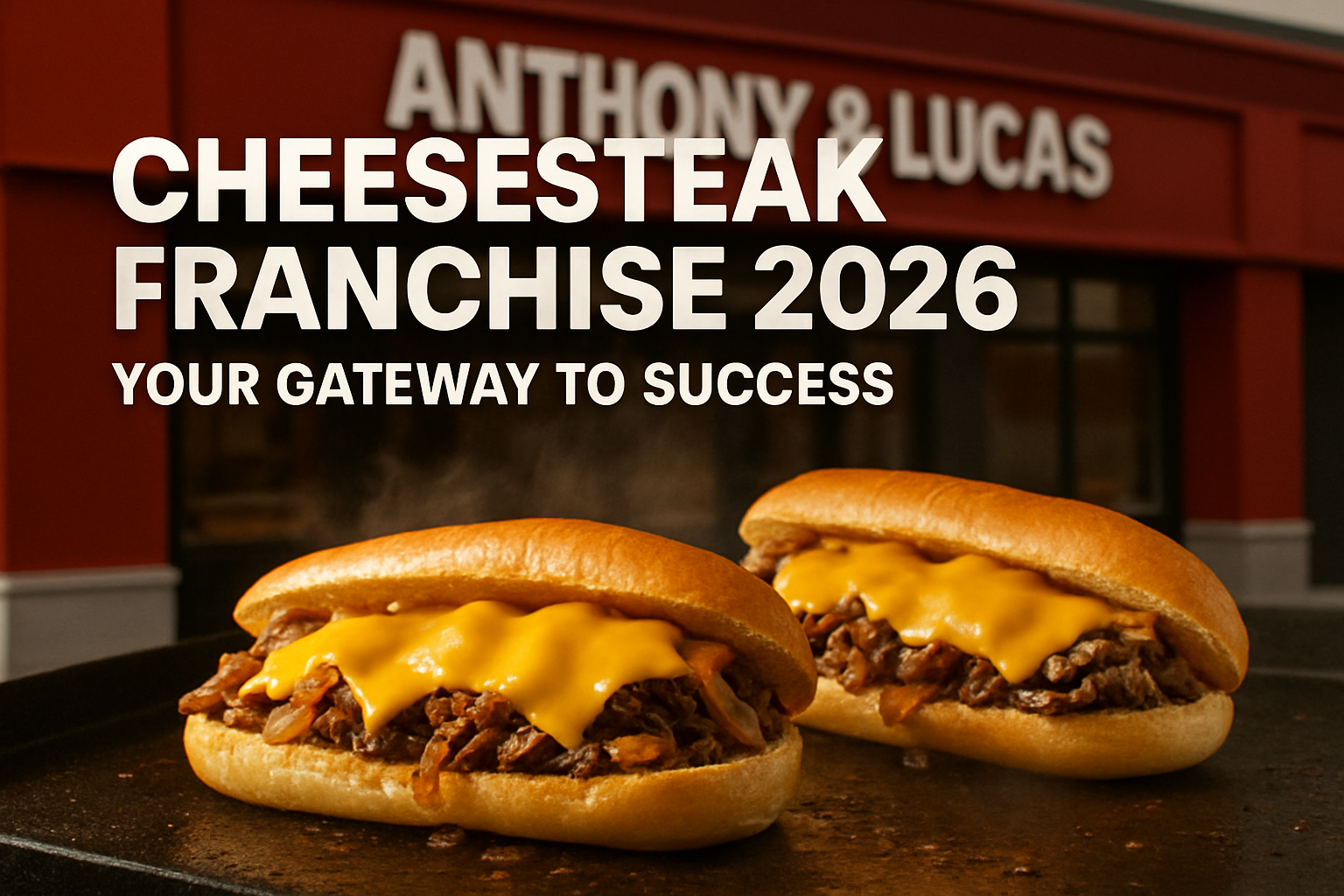 Professional landscape hero image (1536x1024) featuring bold text overlay 'Cheesesteak Franchise 2026: Your Gateway to Success' in extra lar