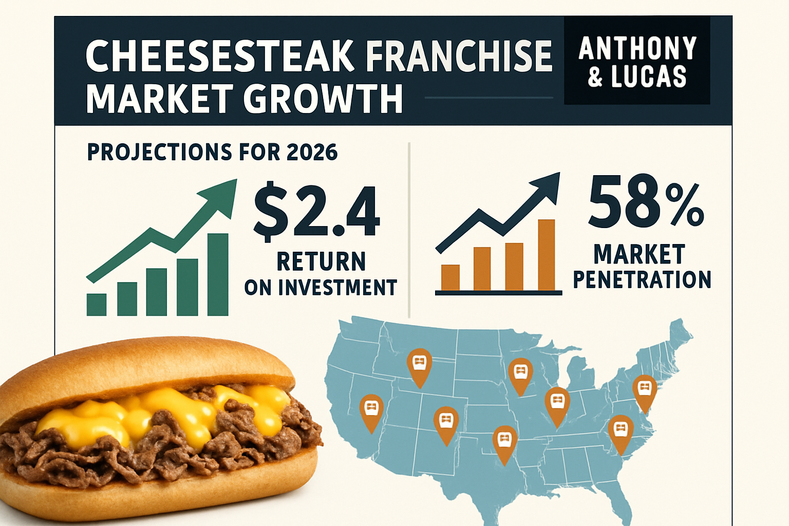 Detailed infographic showing cheesesteak franchise market growth projections for 2026, featuring upward trending charts, dollar signs, franc