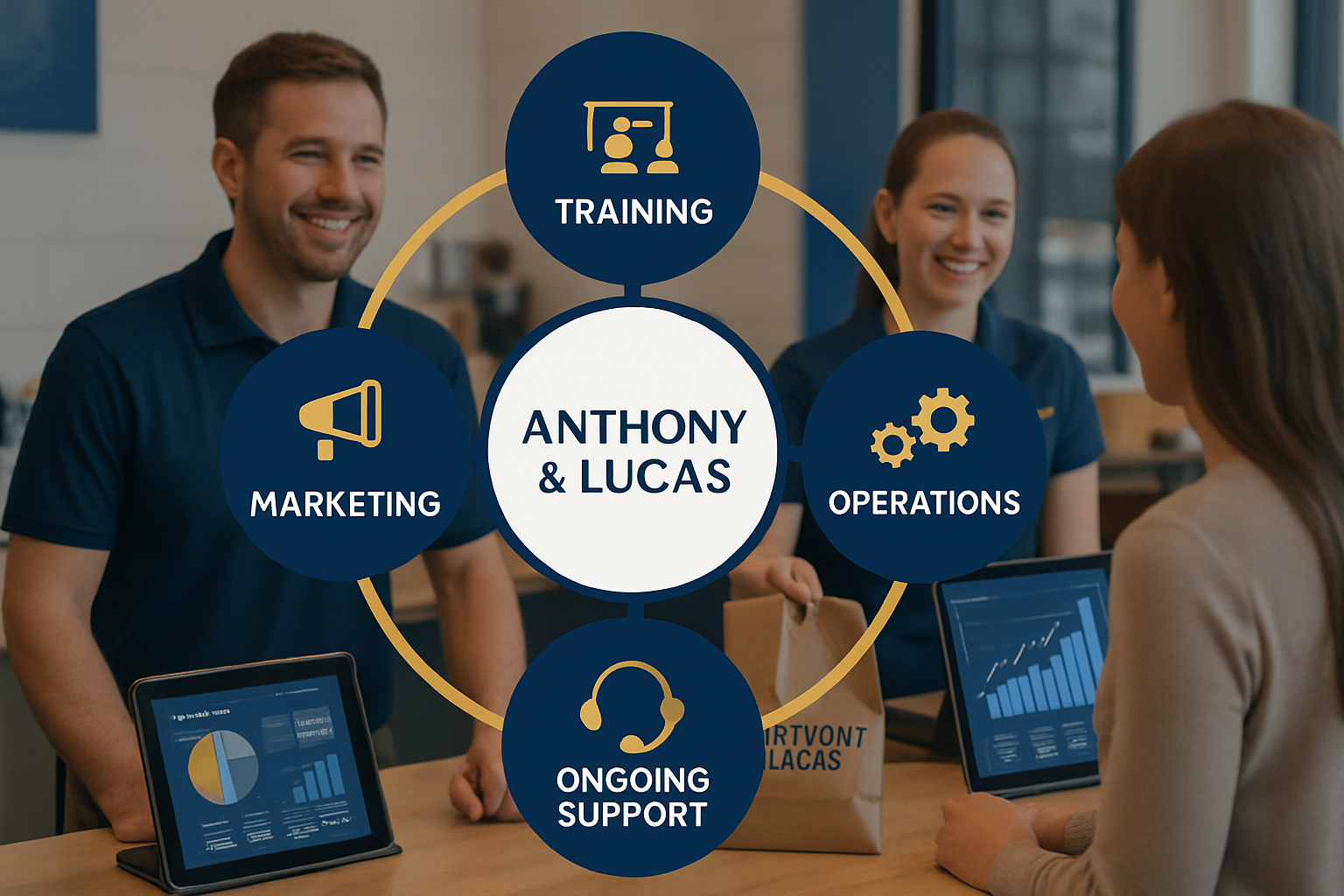 Modern franchise support visualization featuring interconnected icons representing training, marketing, operations, and ongoing support, cen