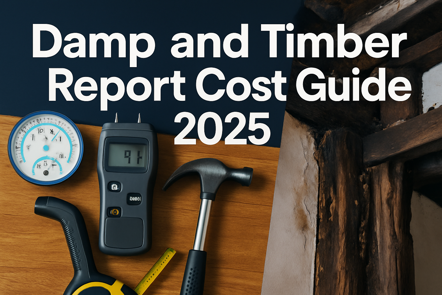 Professional landscape hero image (1536x1024) featuring bold text overlay 'Damp and Timber Report Cost Guide 2025' in extra large 72pt white
