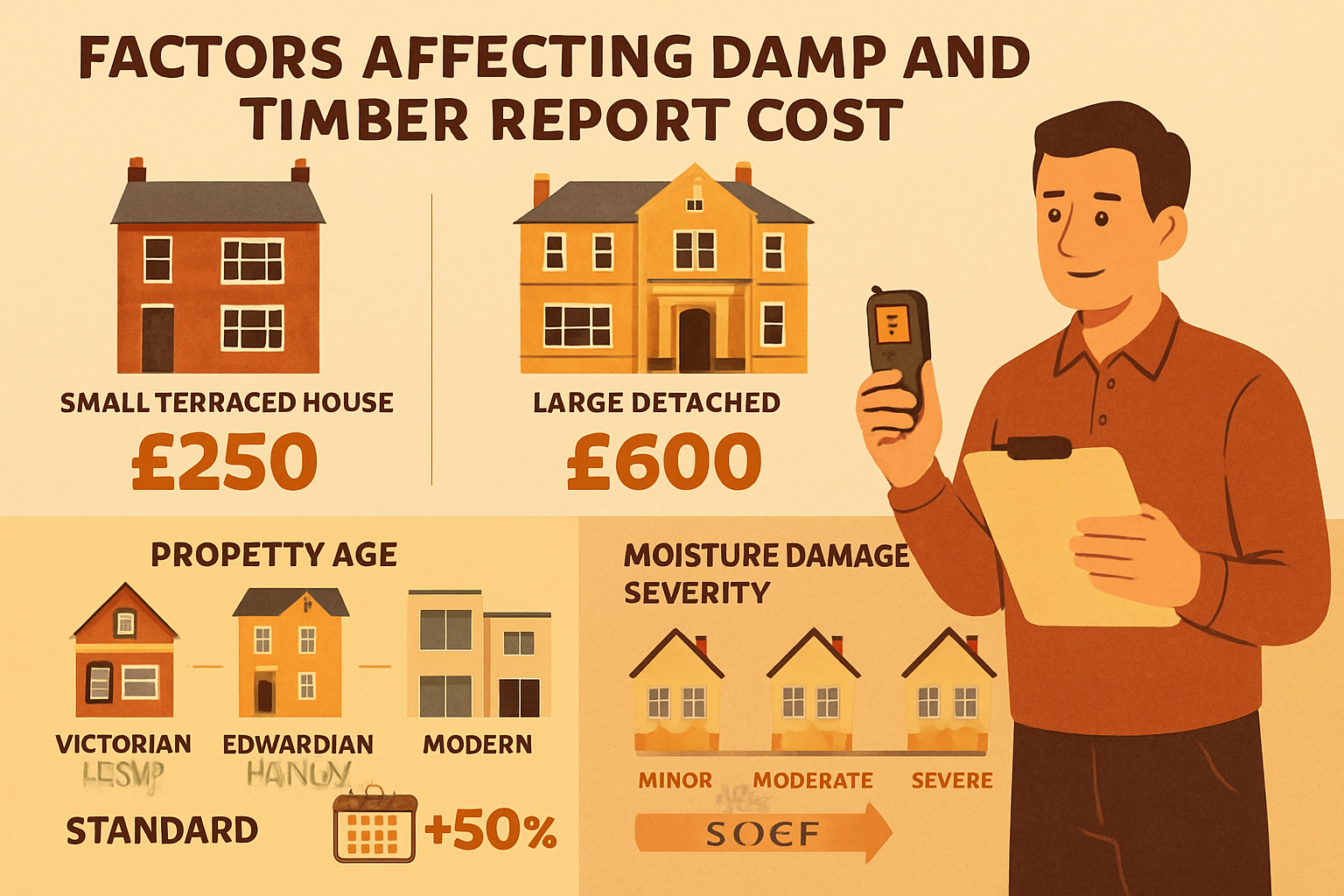 Comprehensive visual guide showing factors affecting damp and timber report cost (1536x1024). Split layout featuring: top section with house