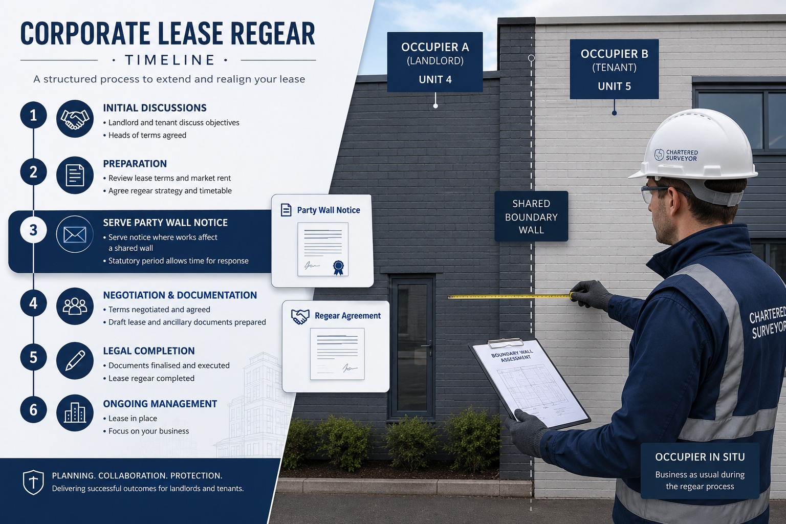 () detailed infographic-style illustration showing a corporate lease regear timeline on the left side with a split-screen