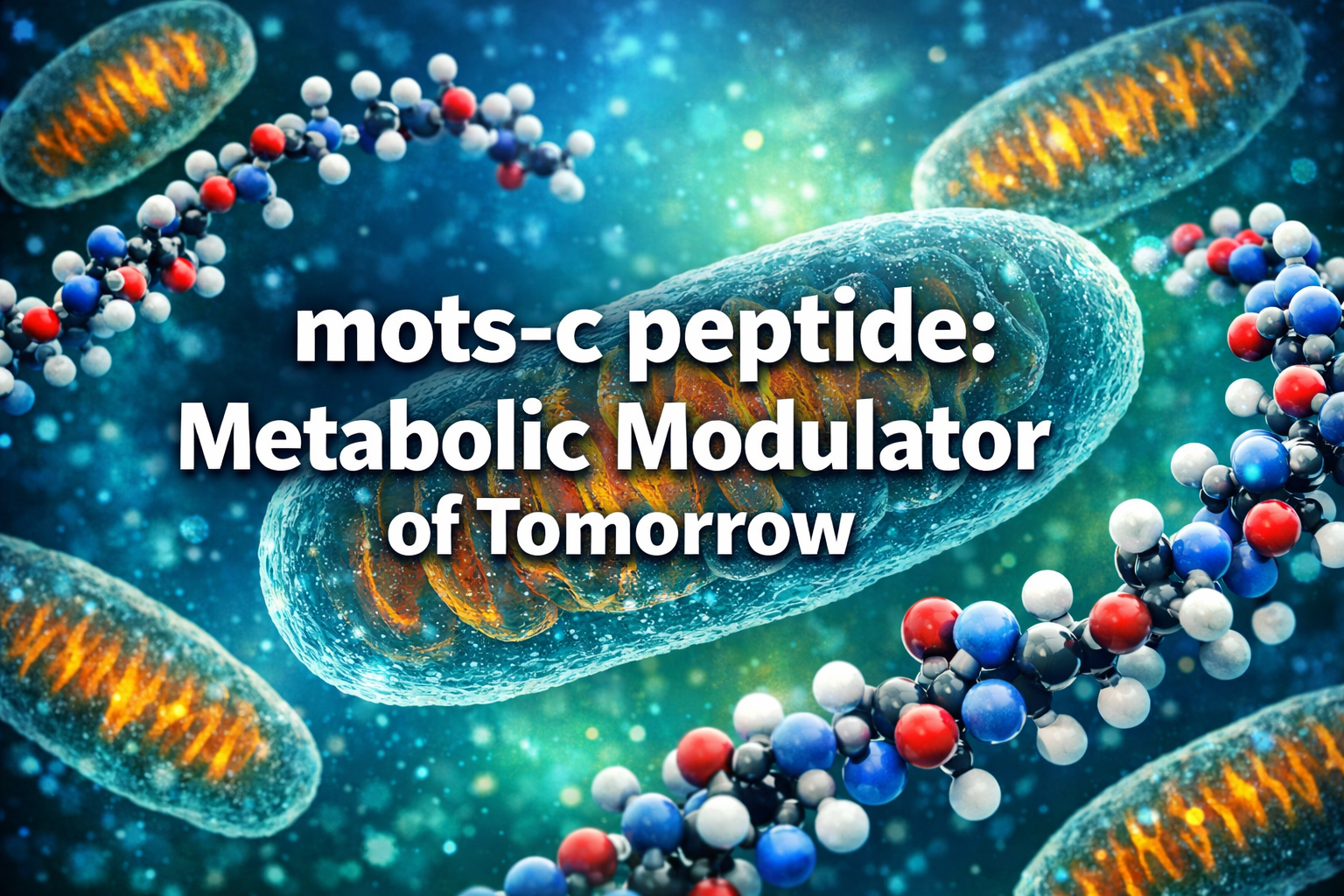 Professional landscape hero image (1536x1024) with bold text overlay: 'mots-c peptide: Metabolic Modulator of Tomorrow', modern sans-serif 7