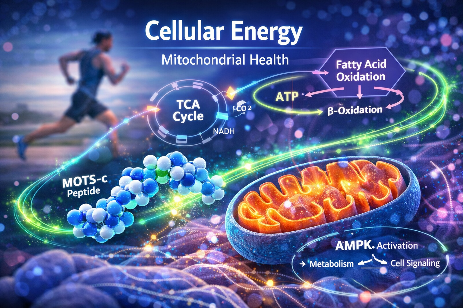 A detailed, editorial-quality landscape image (1536x1024) illustrating the molecular structure of mots-c peptide interacting with mitochondr
