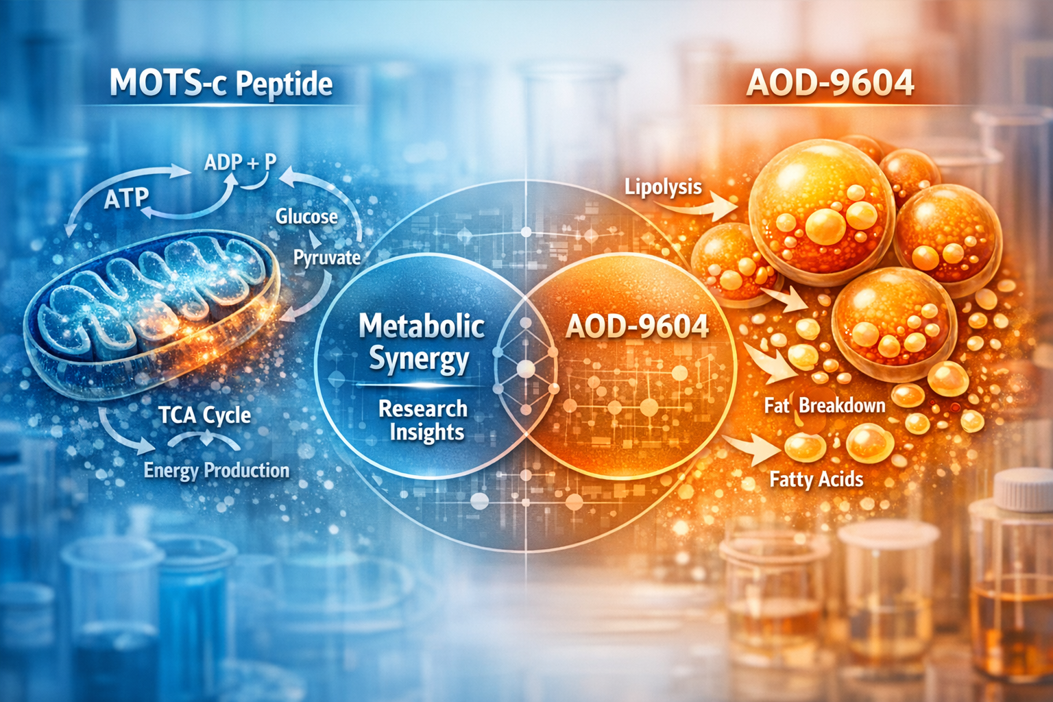 An intricate, editorial-quality landscape image (1536x1024) visually comparing the mechanisms of mots-c peptide and AOD-9604. The image shou