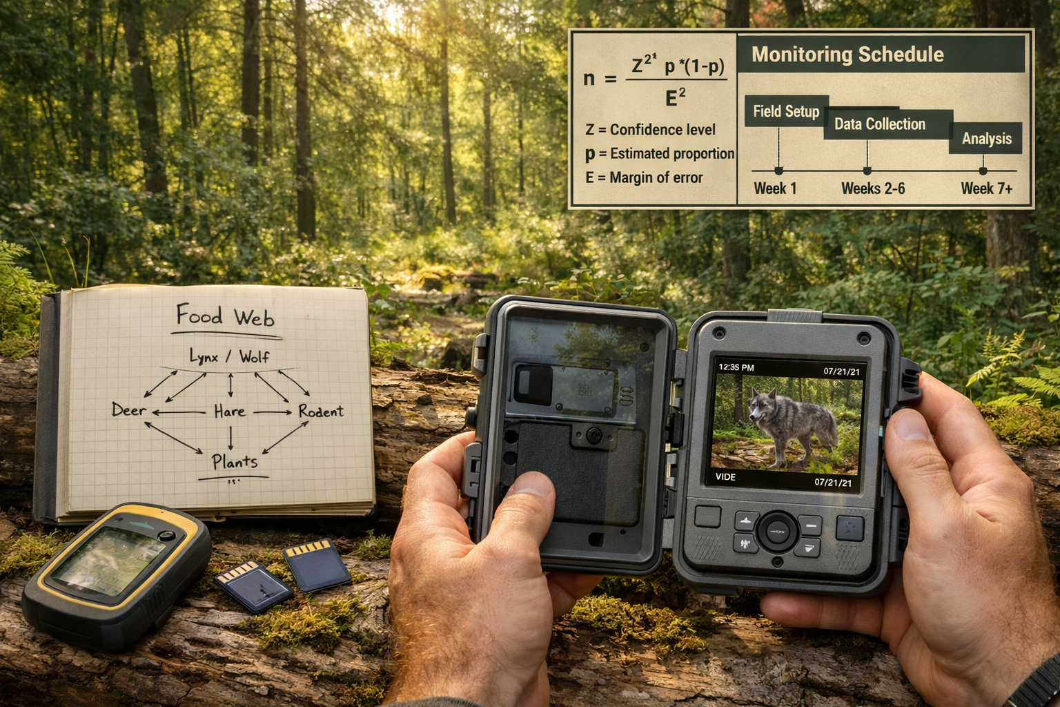 Detailed () image showing hands holding modern wildlife camera trap device with LCD screen displaying captured footage of
