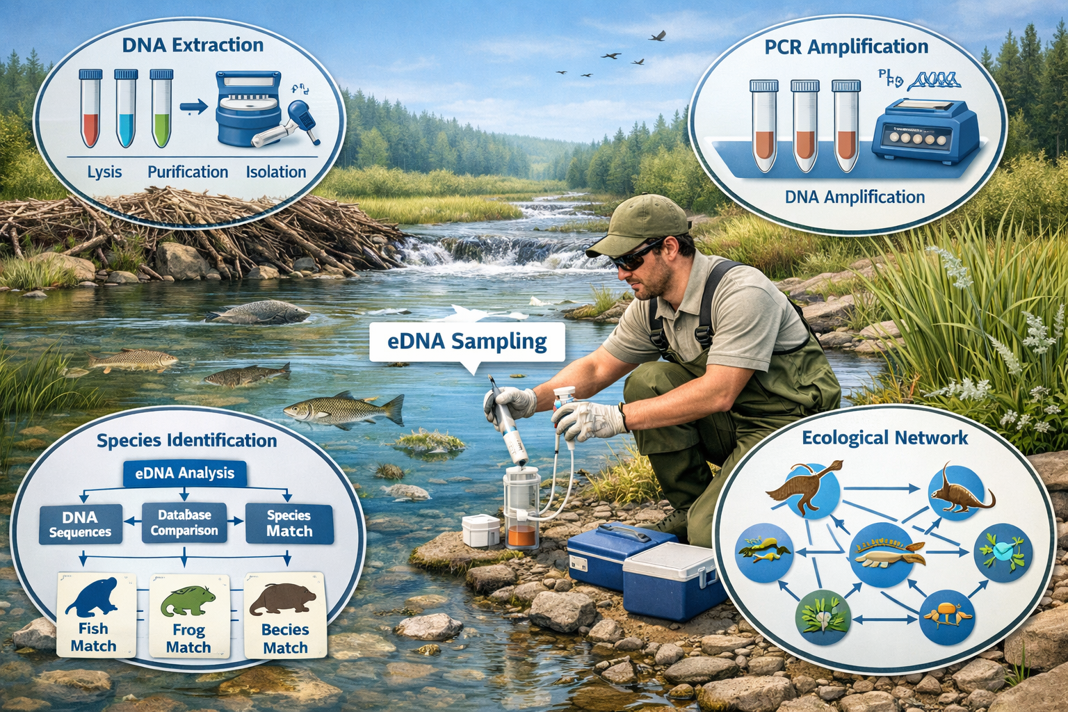 Detailed () scientific illustration showing eDNA sampling workflow in restored aquatic ecosystem. Central focus on ecologist