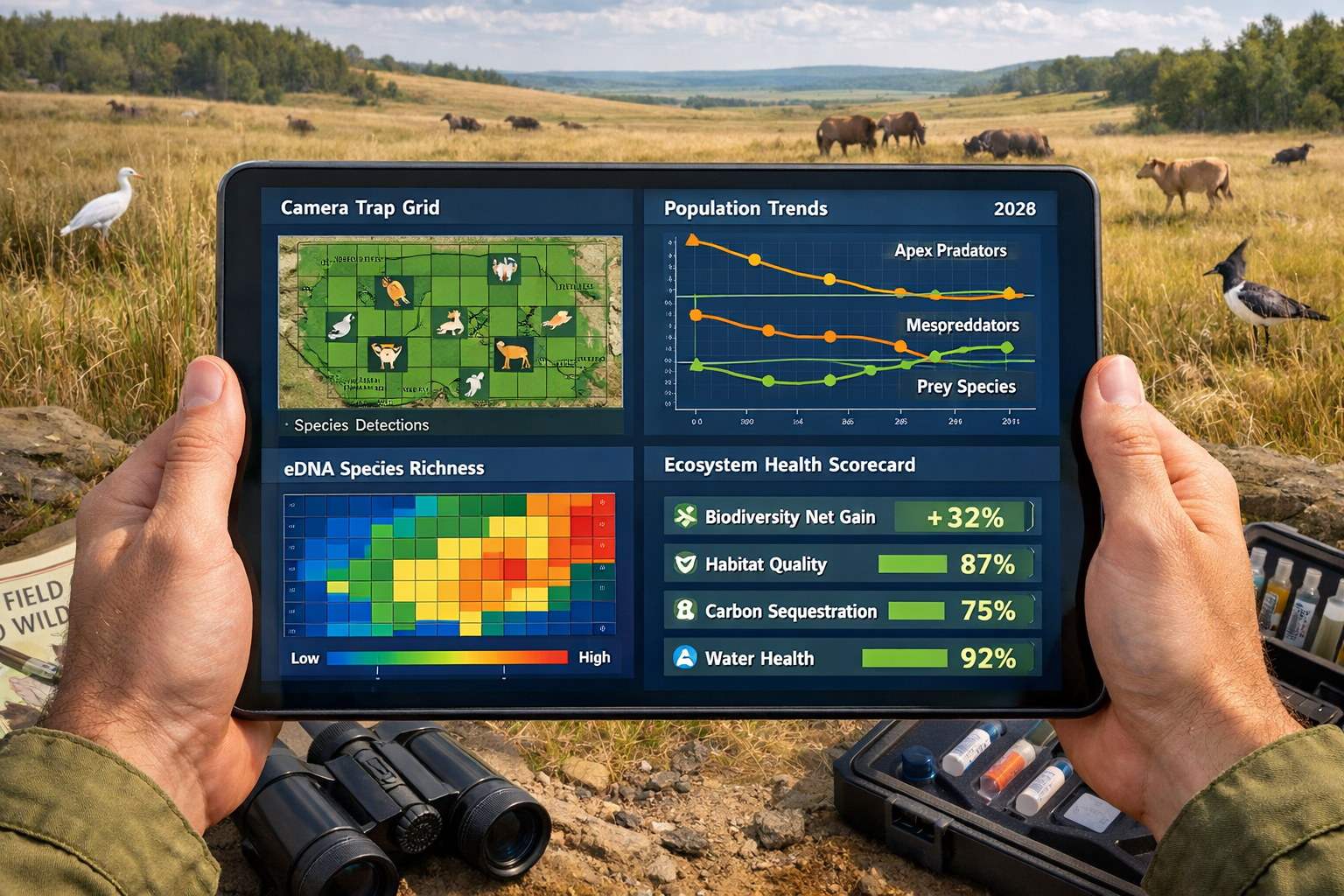 Detailed () composite image showing comprehensive monitoring dashboard on large tablet screen held by surveyor hands in