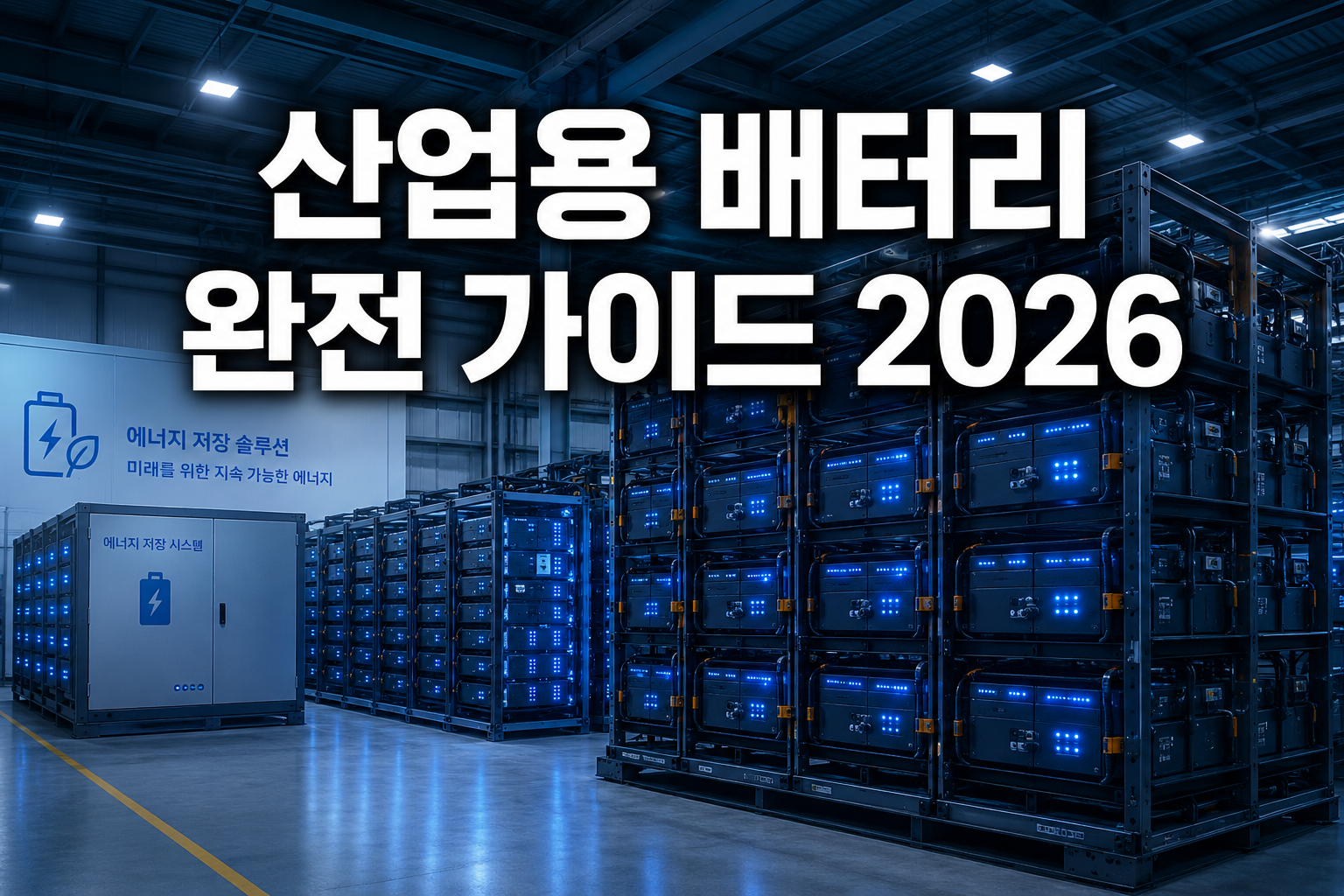 Professional () hero image featuring Korean '산업용 배터리 완전 가이드 2026' in extra large white with dark drop , centered upper