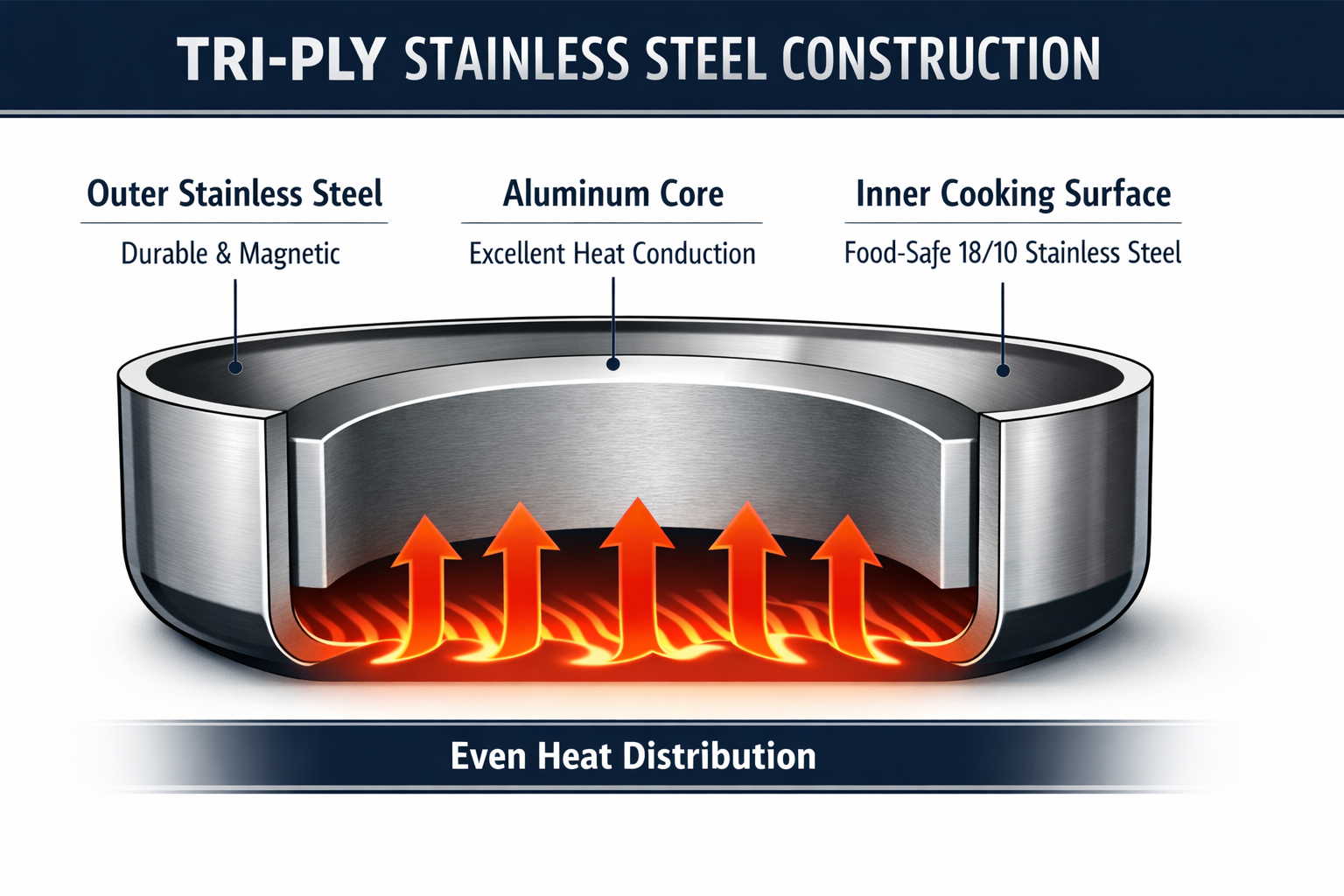 Digital illustration, graphic design style, Landscape format (1536x1024) detailed cross-section diagram of tri-ply stainless steel cookware construction showing three distinct metallic layers: outer stainless steel, aluminum core, and inner cooking surface, with labeled callouts and heat distribution arrows flowing upward. Clean white background with technical illustration style, Babish branding colors (dark navy and silver), professional infographic aesthetic, sharp typography annotations.
