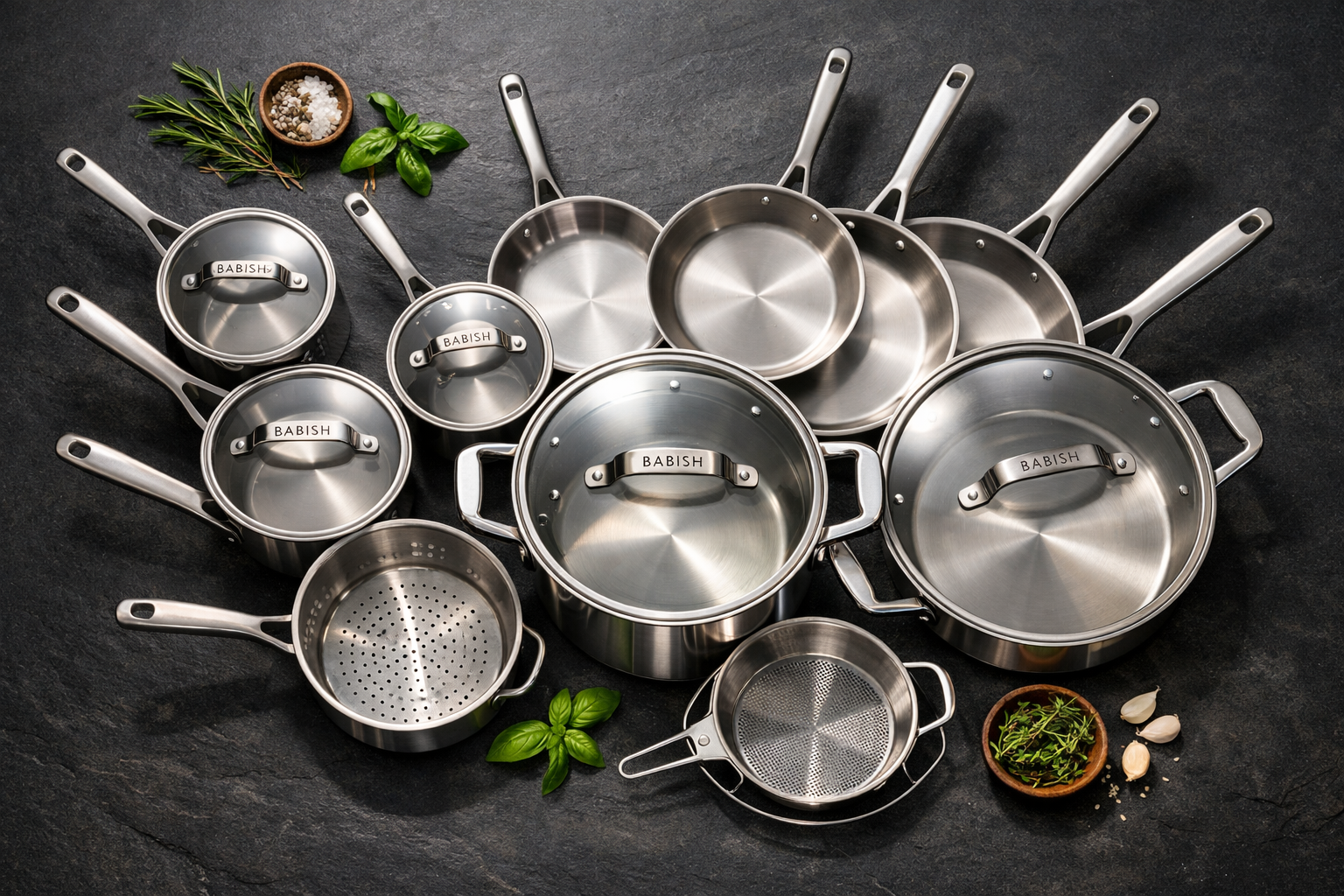 Digital illustration, graphic design style, Landscape format (1536x1024) flat-lay overhead shot of the complete Babish 10-piece cookware set arranged on a dark slate surface, pieces fanned outward from center showing size progression from small saucepan to large stockpot, warm directional studio lighting casting soft shadows, polished stainless steel surfaces reflecting light, minimalist food styling with fresh herbs as accent, editorial product photography quality.