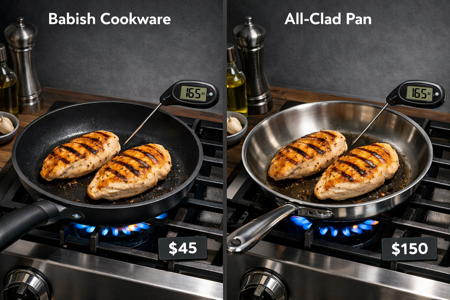 Digital illustration, graphic design style, Landscape format (1536x1024) side-by-side comparison scene showing Babish cookware on left versus a premium All-Clad style pan on right, both on active gas burners with identical sear marks on chicken breasts inside each pan, kitchen thermometer readings visible, neutral gray background, dramatic overhead lighting highlighting cooking surfaces, price tags subtly visible, realistic kitchen environment, documentary food photography style.
