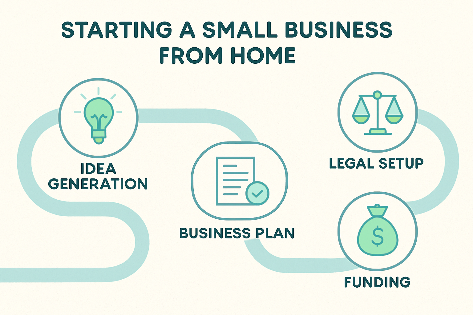 Professional landscape image (1536x1024) illustrating a conceptual roadmap for starting a home business. The image features interconnected n