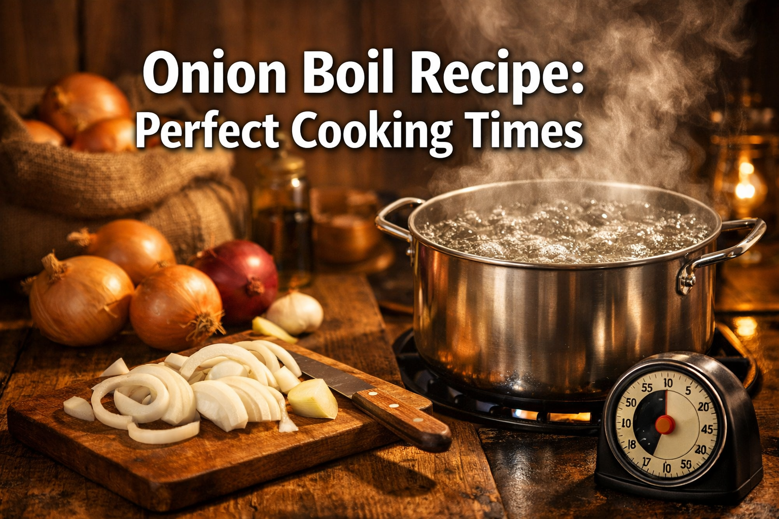 Professional landscape hero image (1536x1024) featuring bold text overlay 'Onion Boil Recipe: Perfect Cooking Times' in extra large 72pt whi