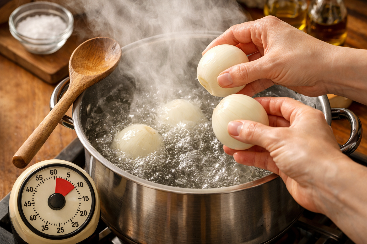 Detailed step-by-step cooking scene showing hands adding whole peeled onions to a large stainless steel pot of vigorously boiling water, ste