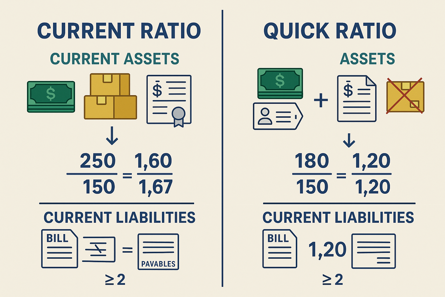 Detailed infographic illustration (1536x1024) showing side-by-side comparison of Current Ratio and Quick Ratio formulas with visual breakdow