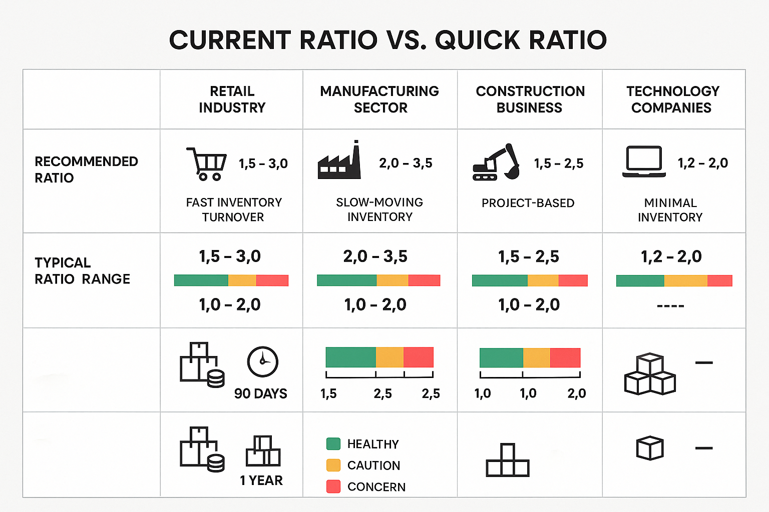 Comprehensive visual comparison chart (1536x1024) displaying industry-specific applications of Current Ratio versus Quick Ratio across diffe