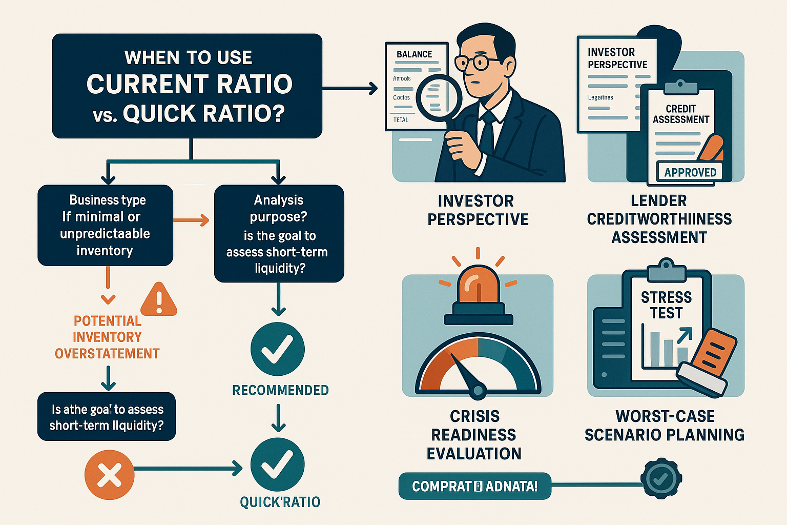 Strategic decision-making flowchart illustration (1536x1024) showing when to use Current Ratio versus Quick Ratio for financial analysis and