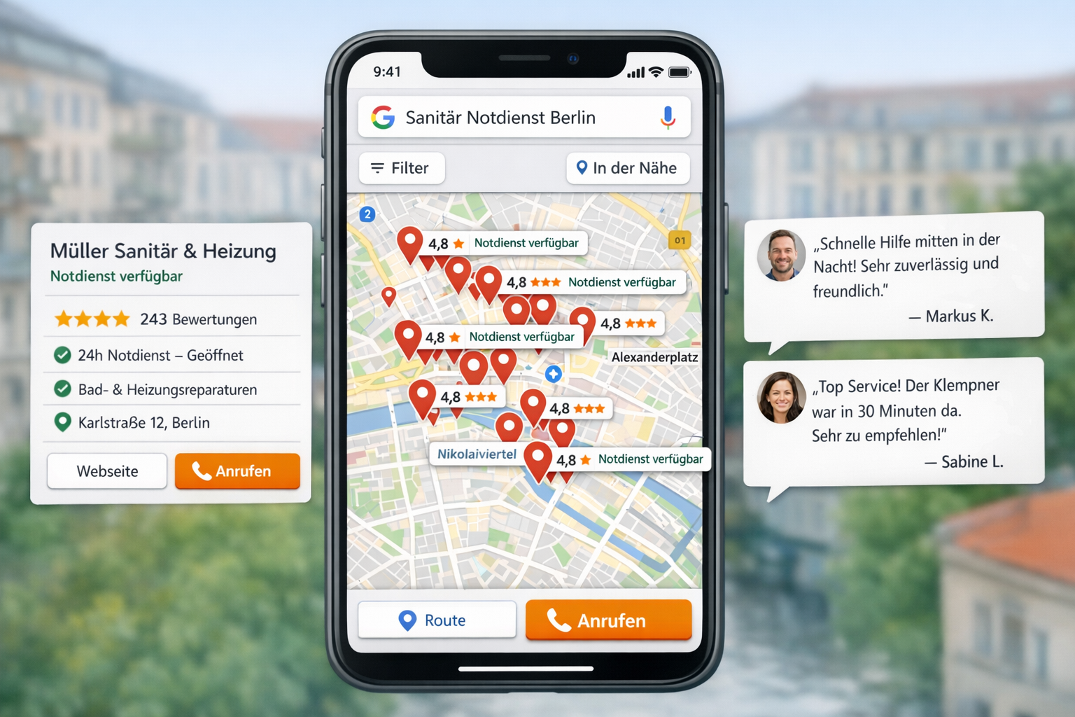 () detailed illustration showing smartphone screen displaying Google Maps with multiple handwerker business pins clustered