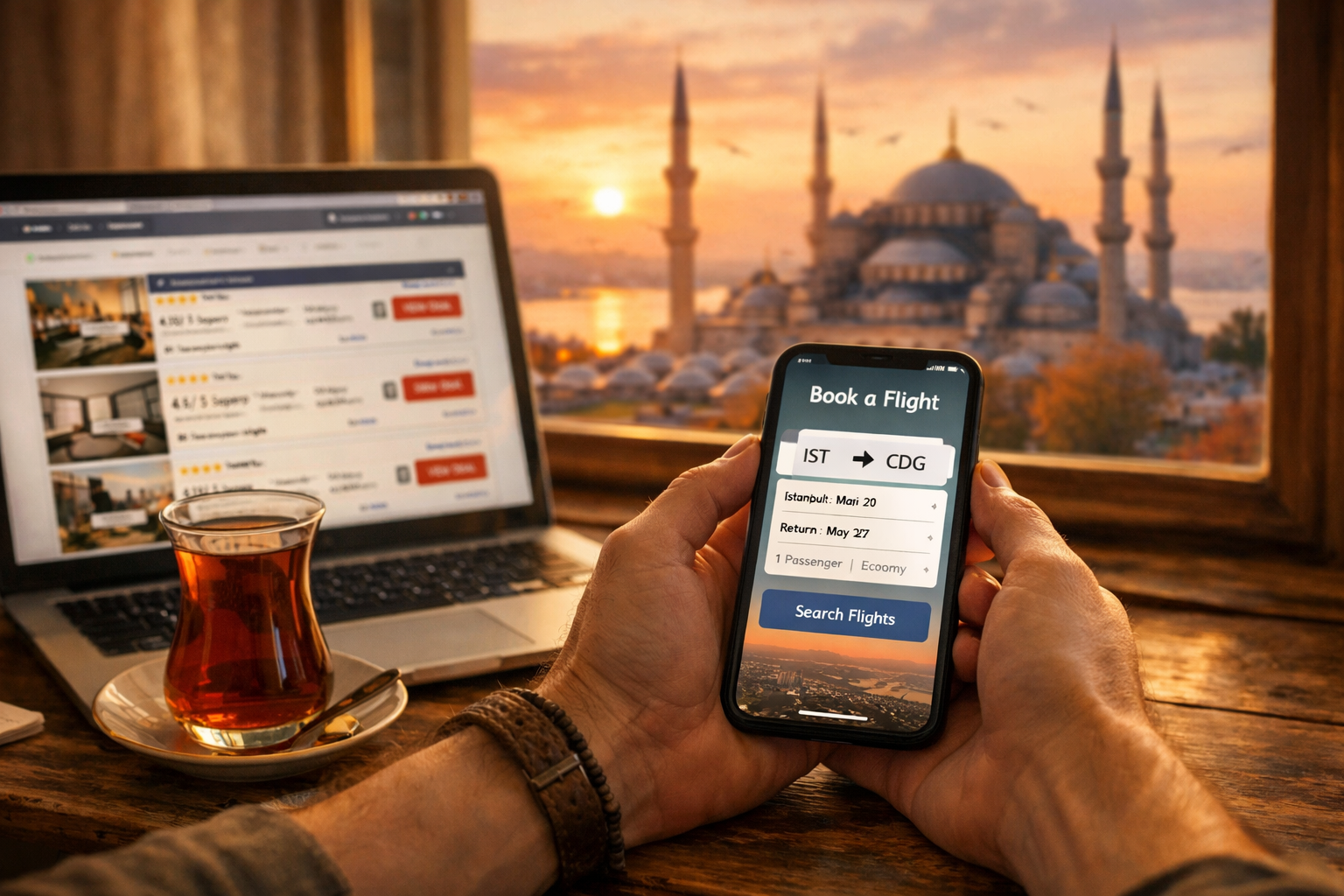 Detailed () warm editorial photograph showing a close-up of a traveler's hands holding a smartphone displaying a flight