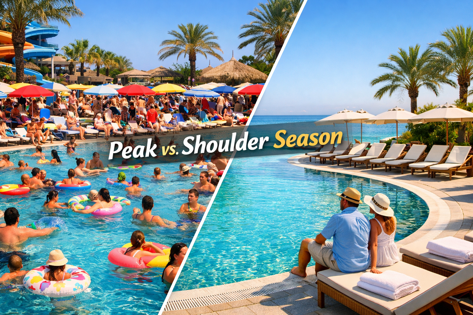 Detailed () split-screen editorial composition: left side shows a crowded Antalya beach resort pool area in bright July