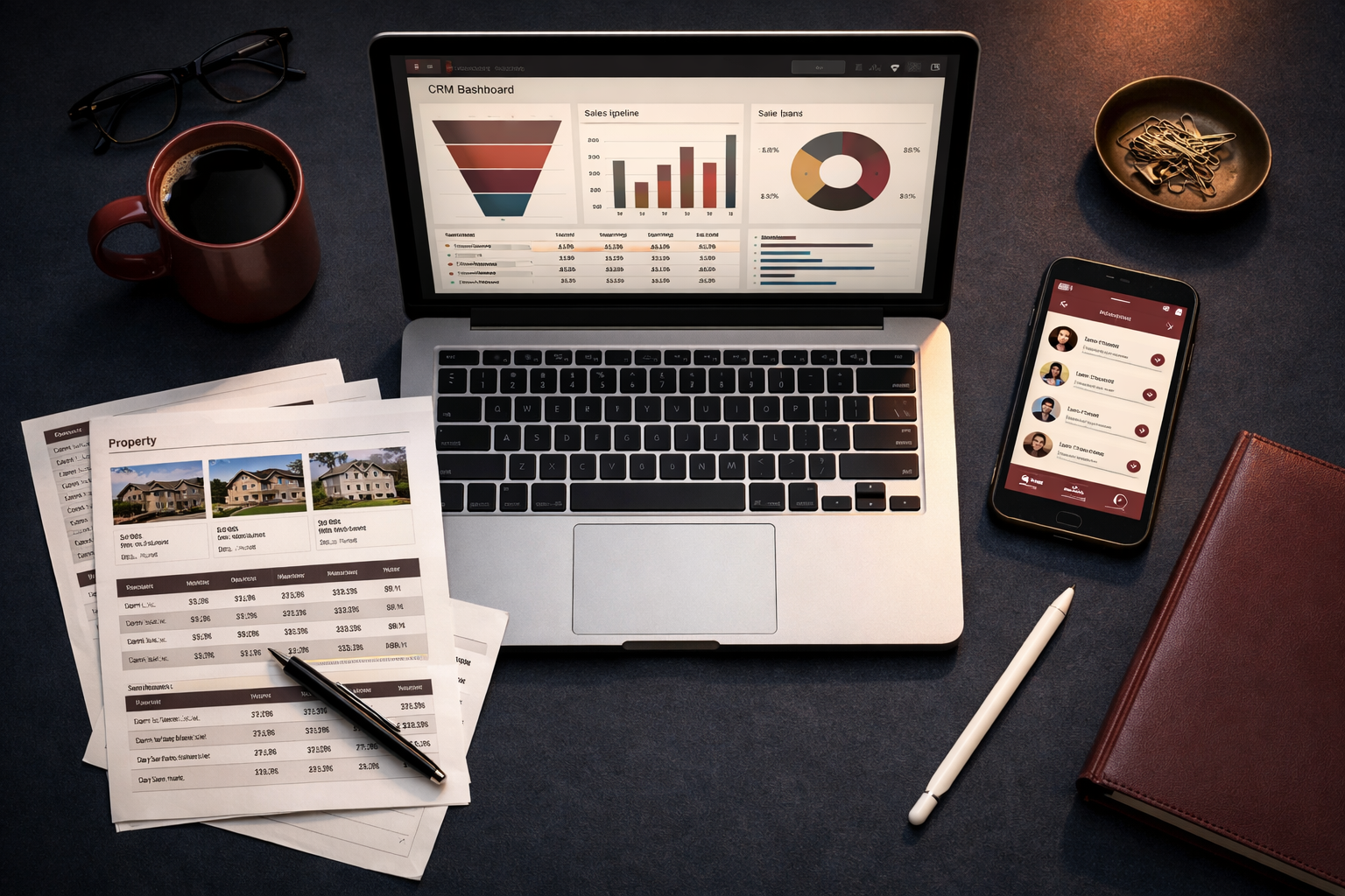 Wide-angle overhead flat lay of a real estate agent's desk showing multiple devices &mdash; laptop with CRM dashboard open,