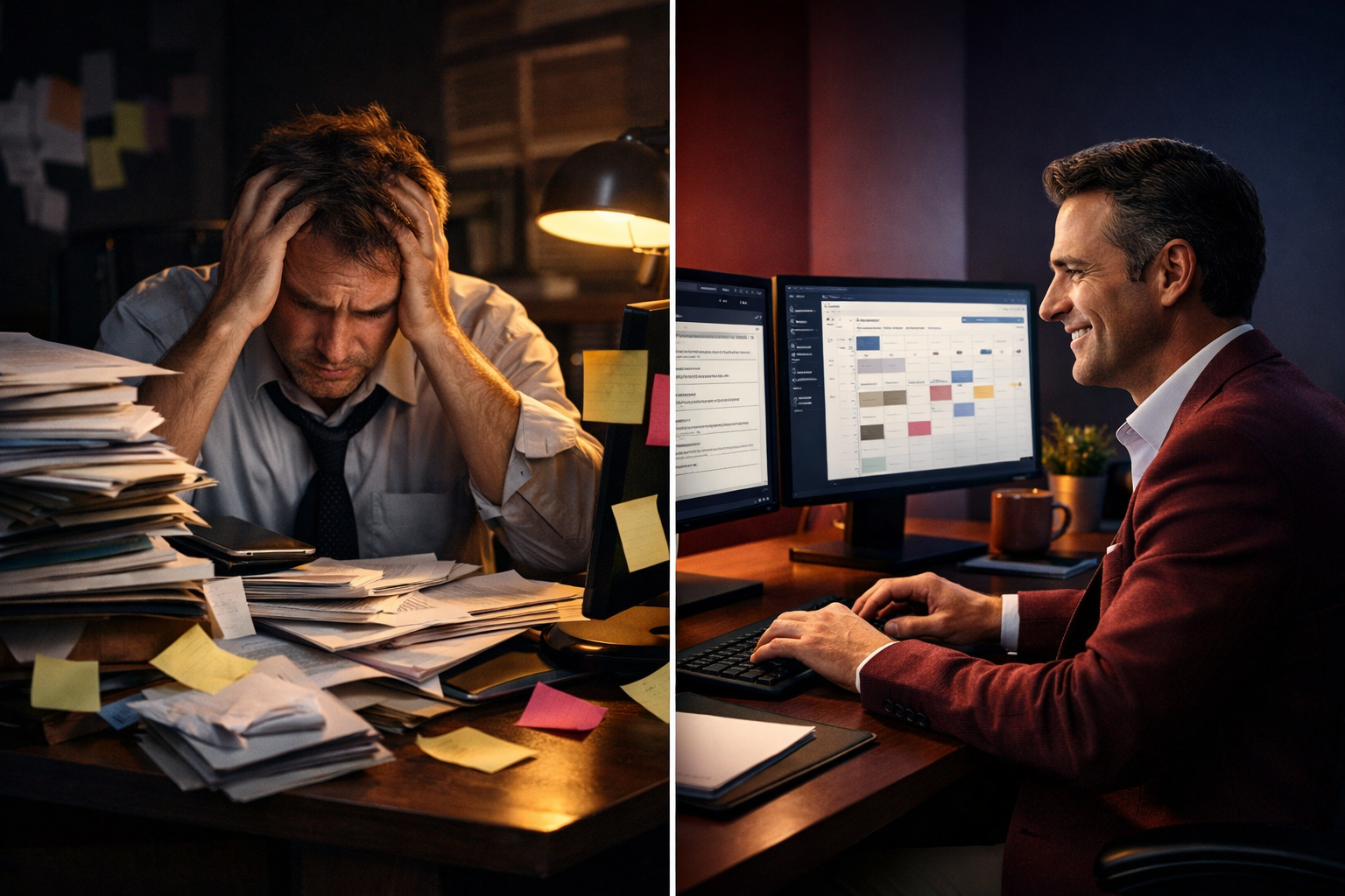 Split-scene comparison image showing two real estate agents side by side &mdash; left agent overwhelmed at desk with paper stacks