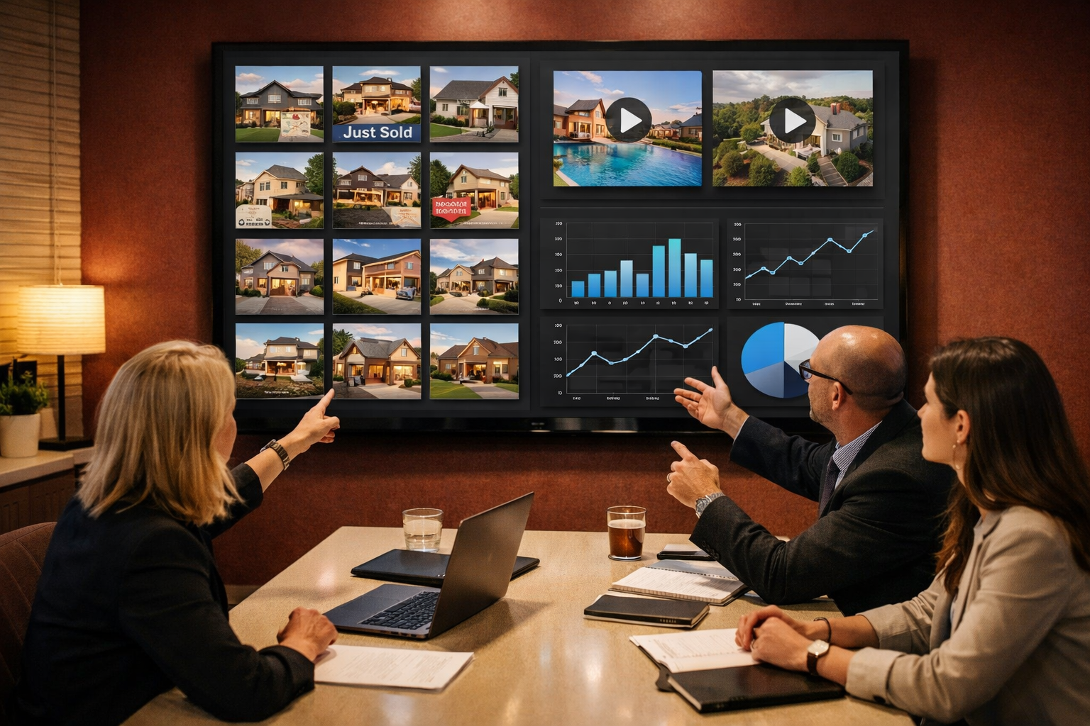 Dynamic bird's-eye view of a modern real estate team meeting room with a large wall-mounted screen displaying AI-generated