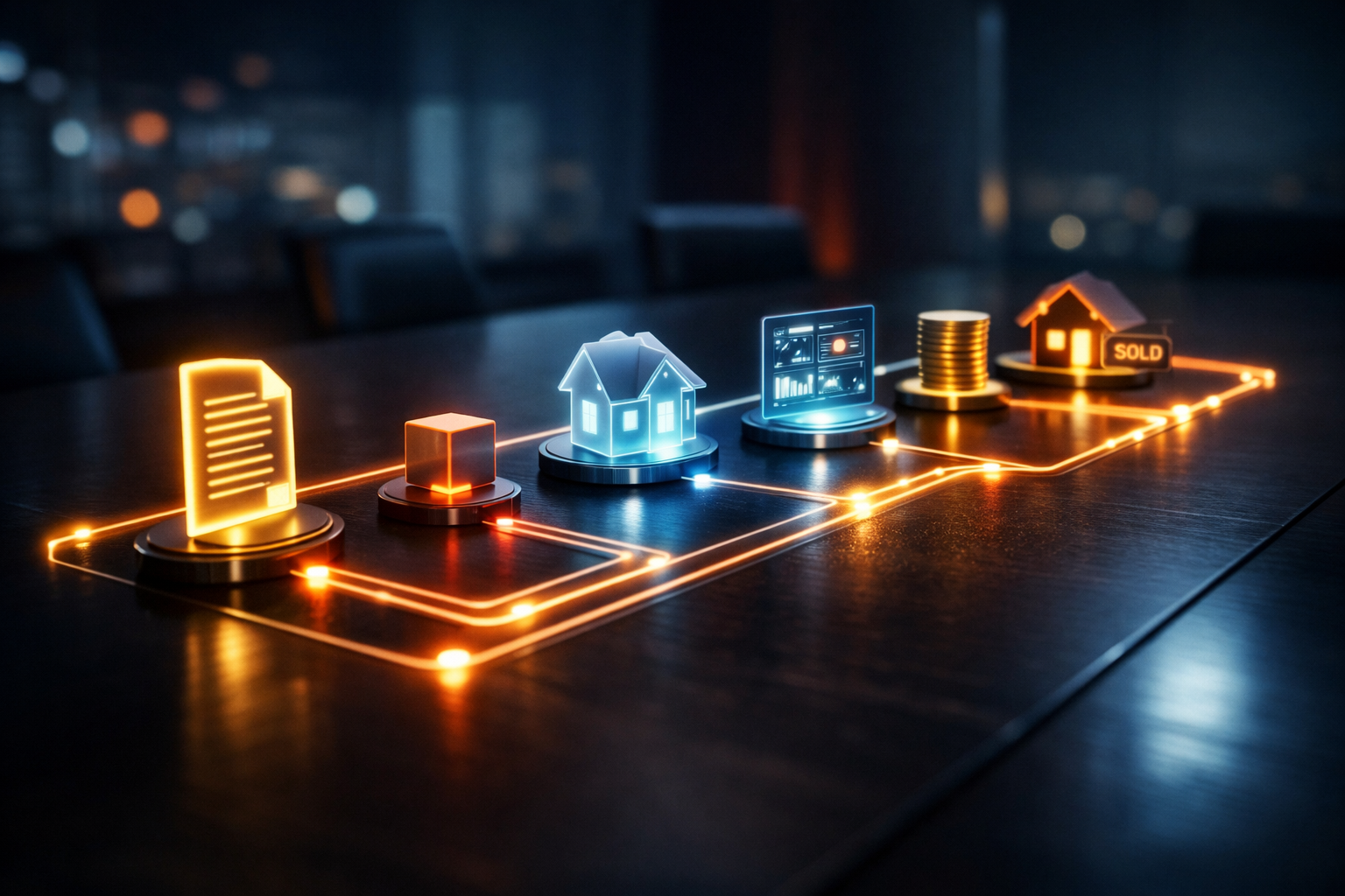 Futuristic real estate transaction workflow visualization shown as a physical 3D flowchart on a conference table &mdash; glowing