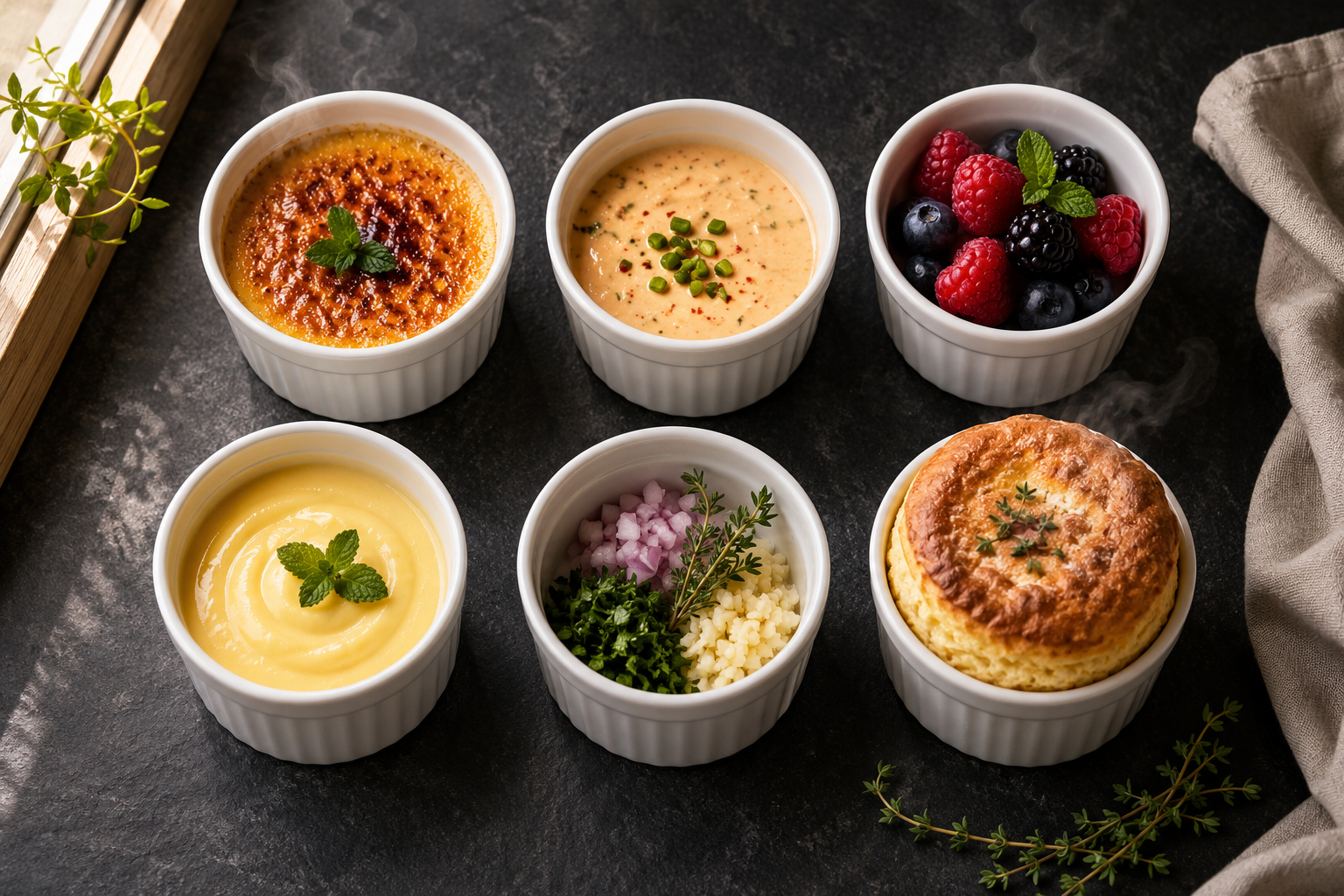 Landscape format (1536x1024) editorial image showing a top-down flat-lay of six white ceramic ramekins on a dark slate surface, each containing a different food: crème brûlée, dipping sauce, fresh berries, custard, prep ingredients, and a mini soufflé. Soft natural window light from the left, light steam rising from the baked dishes, clean white ceramic texture visible, food styling with fresh herbs as garnish, warm neutral tones, professional food photography aesthetic, sharp focus on ceramic texture and glaze finish. Best Ceramic Baking Ramekin Set