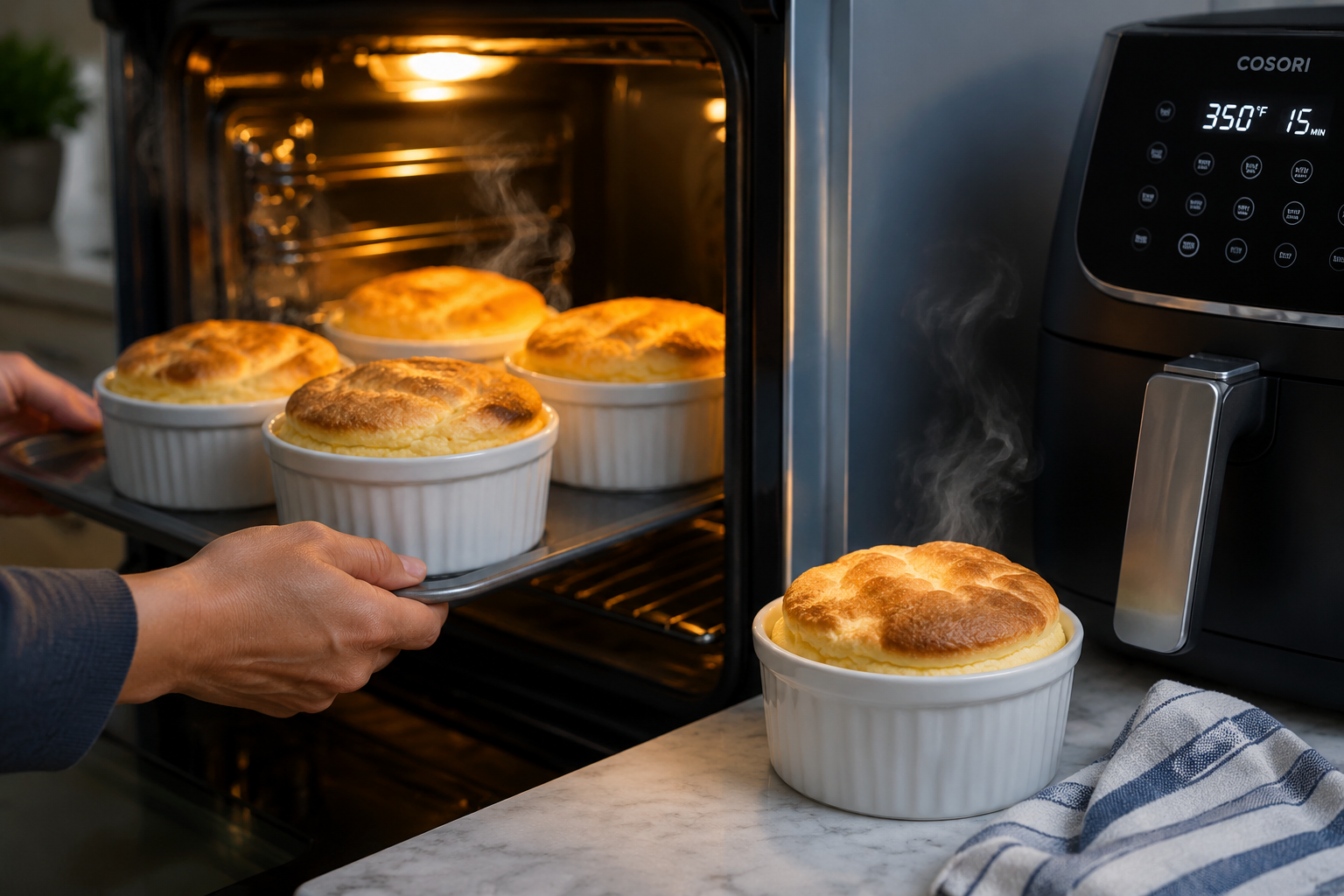 Landscape format (1536x1024) close-up side-angle shot of a ceramic ramekin set being placed into a modern oven, oven rack visible, warm orange oven glow in background, white ceramic dishes showing thick walls and rolled rim detail, one ramekin beside an air fryer appliance on a marble countertop, steam rising from a freshly baked soufflé, kitchen towel draped nearby, cool blue and warm amber contrast lighting, editorial food photography style, sharp product detail focus on ceramic glaze and oven-safe construction. Oven Safety and Temperature Limits for Ceramic Ramekin Sets