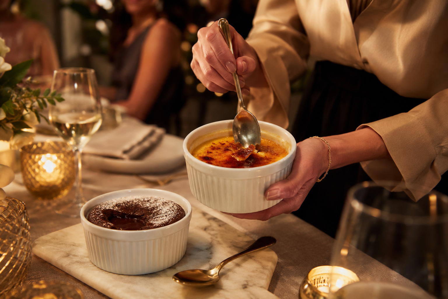 Landscape format (1536x1024) lifestyle scene showing a person serving individual crème brûlée from a white ceramic ramekin at a dinner table setting, elegant table with linen napkins, silver spoon, caramelized sugar surface being cracked, second ramekin with chocolate lava cake beside it, warm candlelight ambiance, shallow depth of field with blurred guests in background, rich warm tones of amber and cream, upscale home entertaining aesthetic, editorial quality food and lifestyle photography, emphasis on the ramekin as both baking and serving vessel. How to Clean and Care for a Ceramic Ramekin Set